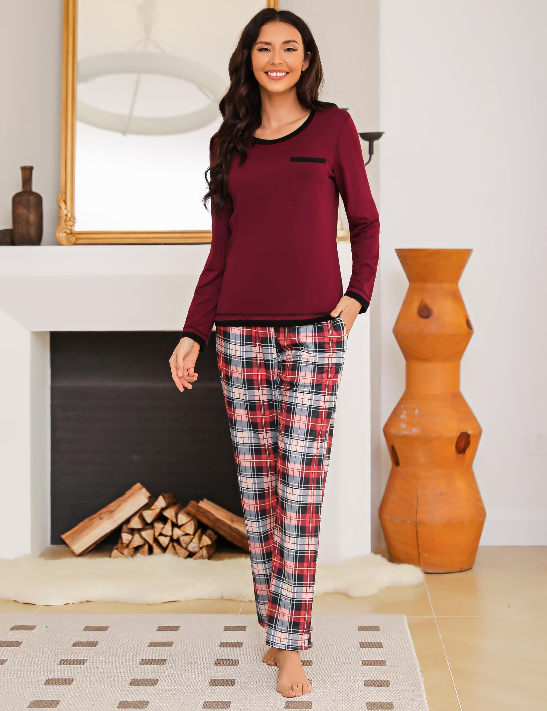 Marvmys Pigiama da Donna in Cotone Manica Lunga Pigiama Due Pezzi Invernale T-Shirt e Pantaloni con Tasche
