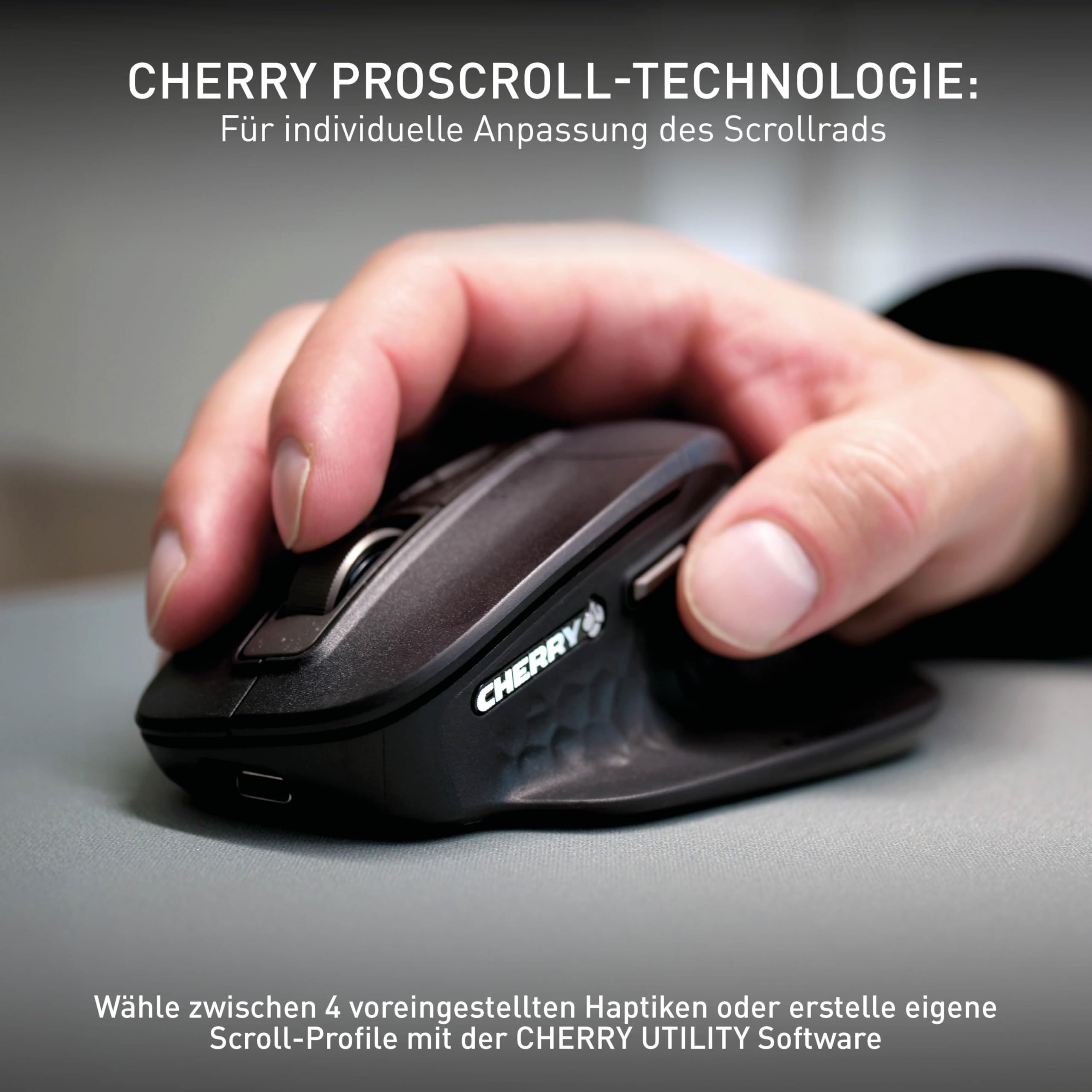 CHERRY Stream Mouse Ultimate, Kabellose Ergonomische Maus, Schwarz | Rechtshändermaus, Multi-Device-Funktion für 4 Geräte, Bluetooth, 2,4 GHz & Kabel, Anpassbares Scrollrad, Wiederaufladbar