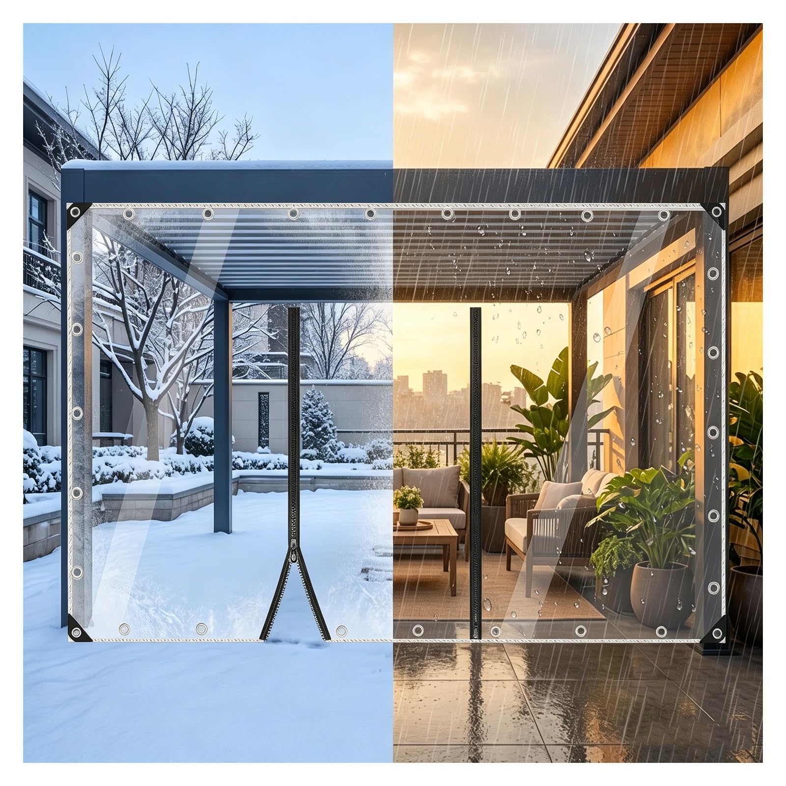 Clear tarps heavy duty waterproof，clear tarps with grommets，PVC Tarpaulin with Zipper，pergola porch plastic tarpaulin side panels，Outdoor Clear Tarp Curtain(H2.1xW3.5m/H6.8xW11.4ft)