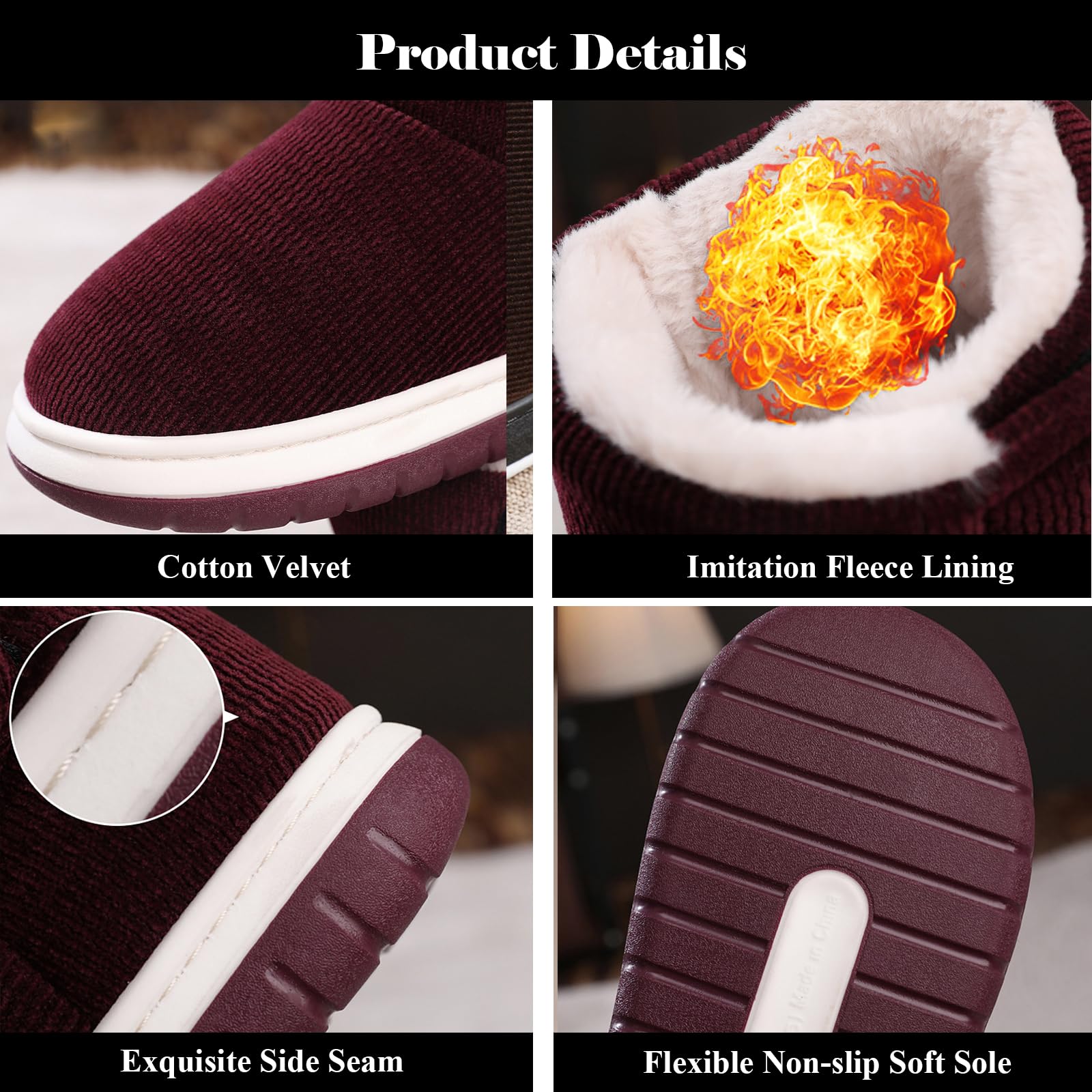 Bottines Hiver Femme Hommes Chaussons de Neige Fourrées Chaudes Pantoufles Fermeture Réglable Snow Boots Chaussures Antidérapantes