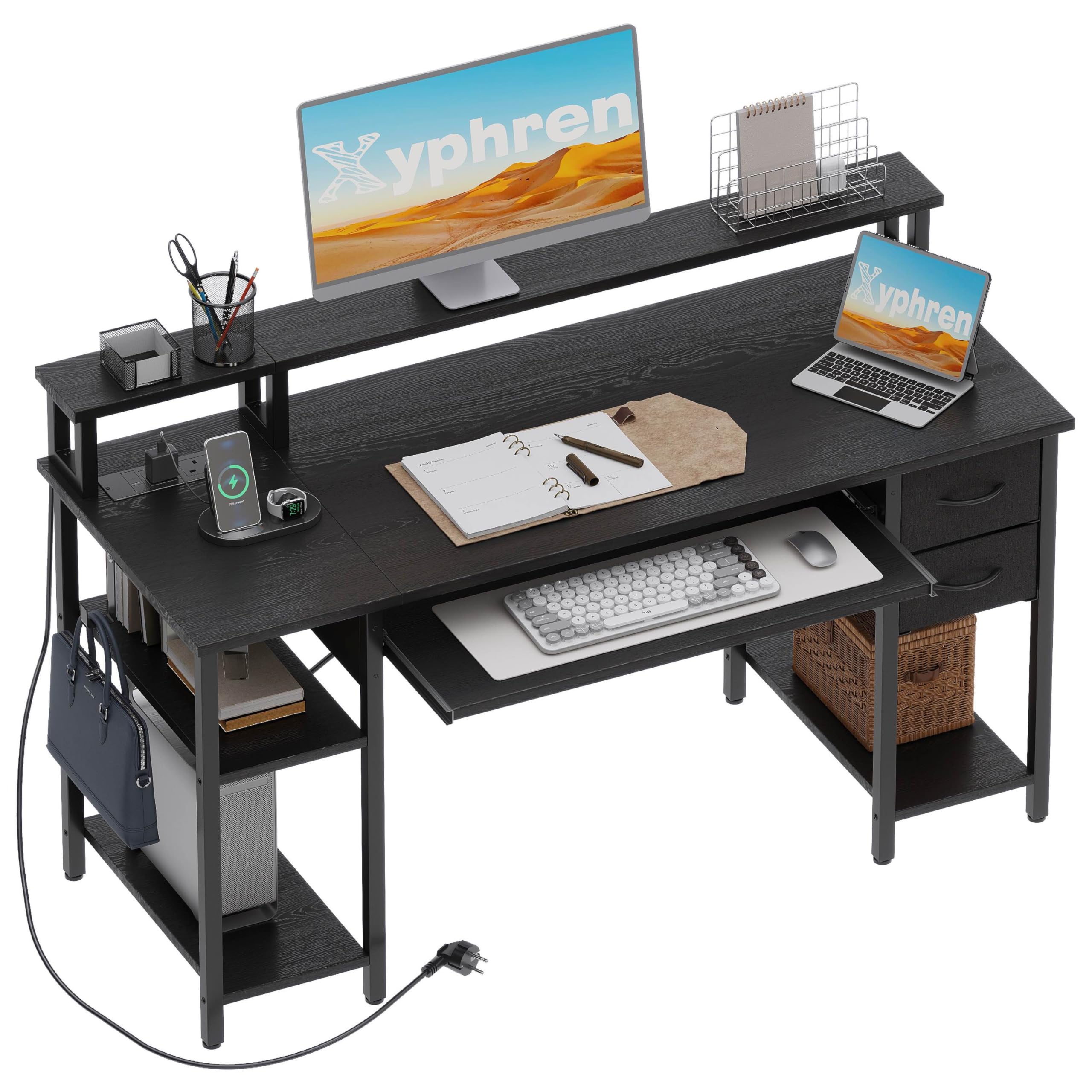 Scrivania con 2 cassetti, 120 x 50 cm, tavolo da gioco con ripiano per tastiera, ripiano laterale regolabile in altezza, supporto per monitor e presa per casa, ufficio e soggiorno, nero