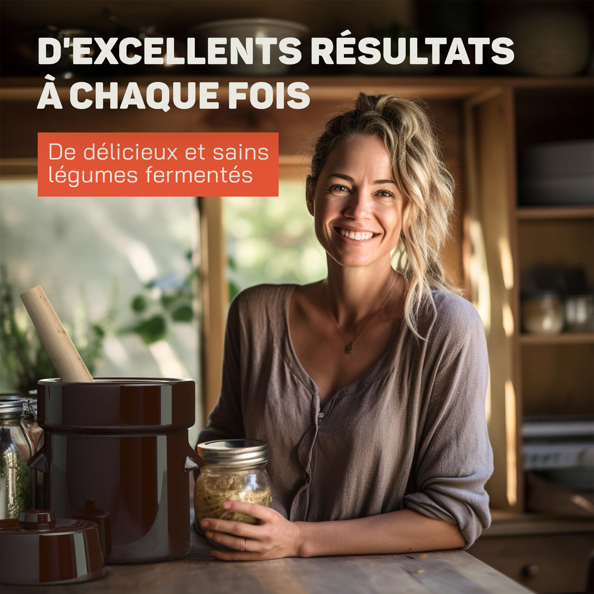 Kenley Pot de Fermentation 2 Litres - Jarre en Grès pour Fermenter ou Mariner Kimchi, Choucroute, Cornichons, Légumes, Kombucha - Fermenteur en Céramique avec Poids, Couvercle & Pilon