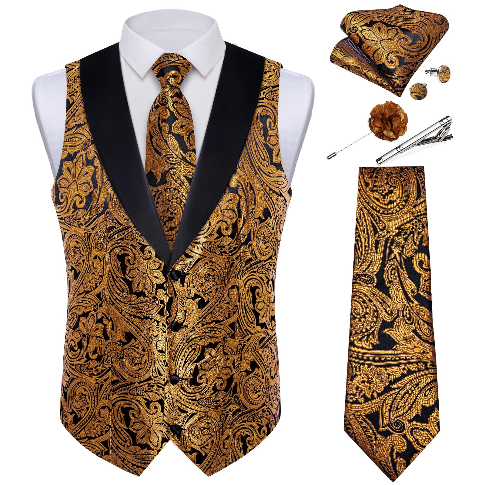 DiBanGu Mens Paisley Suit Vest Silk Jacquard Waistcoat and Necktie Set Formal Shawl Collar Dress Vest 7PCS for Wedding Party