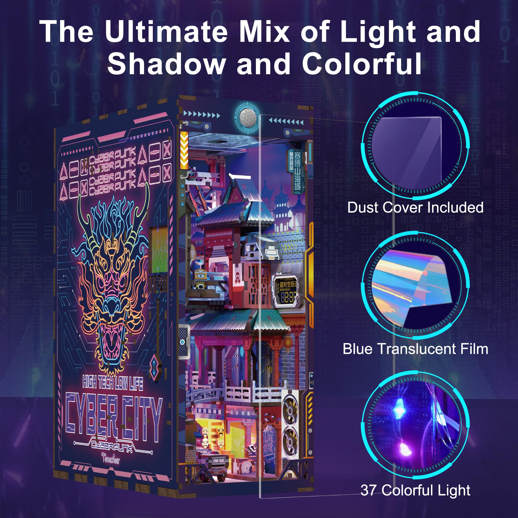 Tonecheer DIY Book Nook Kit for Adults, 3D Puzzle Wooden Miniature House Kit, Booknook Dollhouse Bookshelf Insert Decor Bookend with Dust Cover and LED Lights Gifts (): Cyber City
