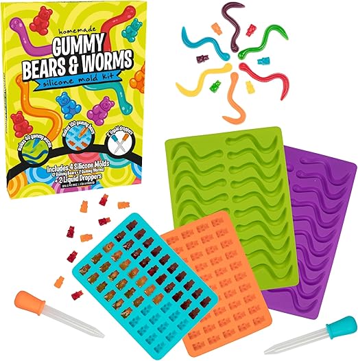 Gummy Bear & Worm Silicone Candy Molds, 4 Pack Set - Nonstick Trays with 2 Droppers for Chocolate, Ice Cubes, BPA-Free -Makes up to 62 Candies - Arts & Crafts Summer Camp Activity, Birthday Gift