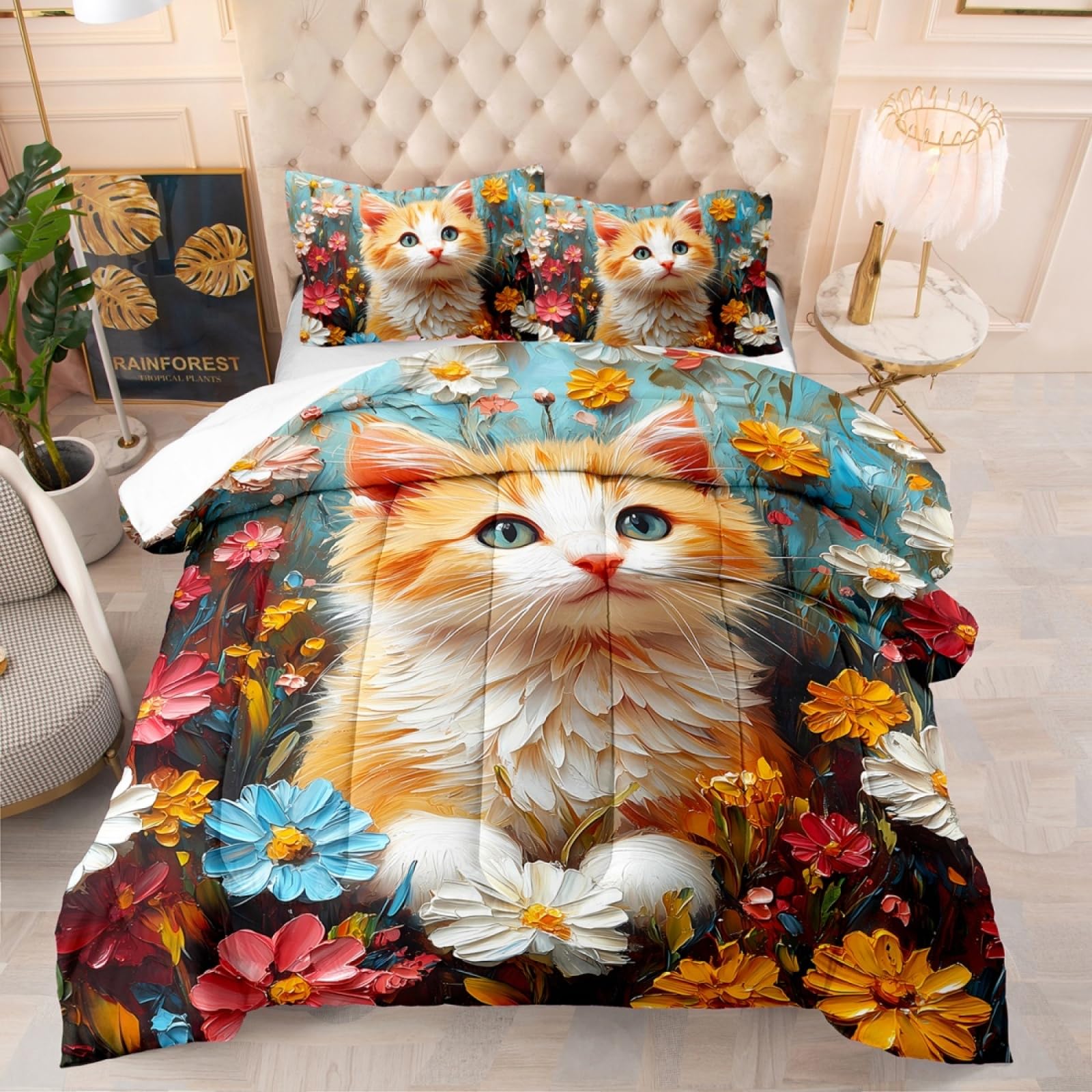 Duvet Flores Azules Animales Edredon Microfibra Funda Nordica Transpirable Colcha 4 Temporadas Colchas Lavable Duradero Colcha Cama+2 Fundas de Almohada (50x75cm) 200x200cm