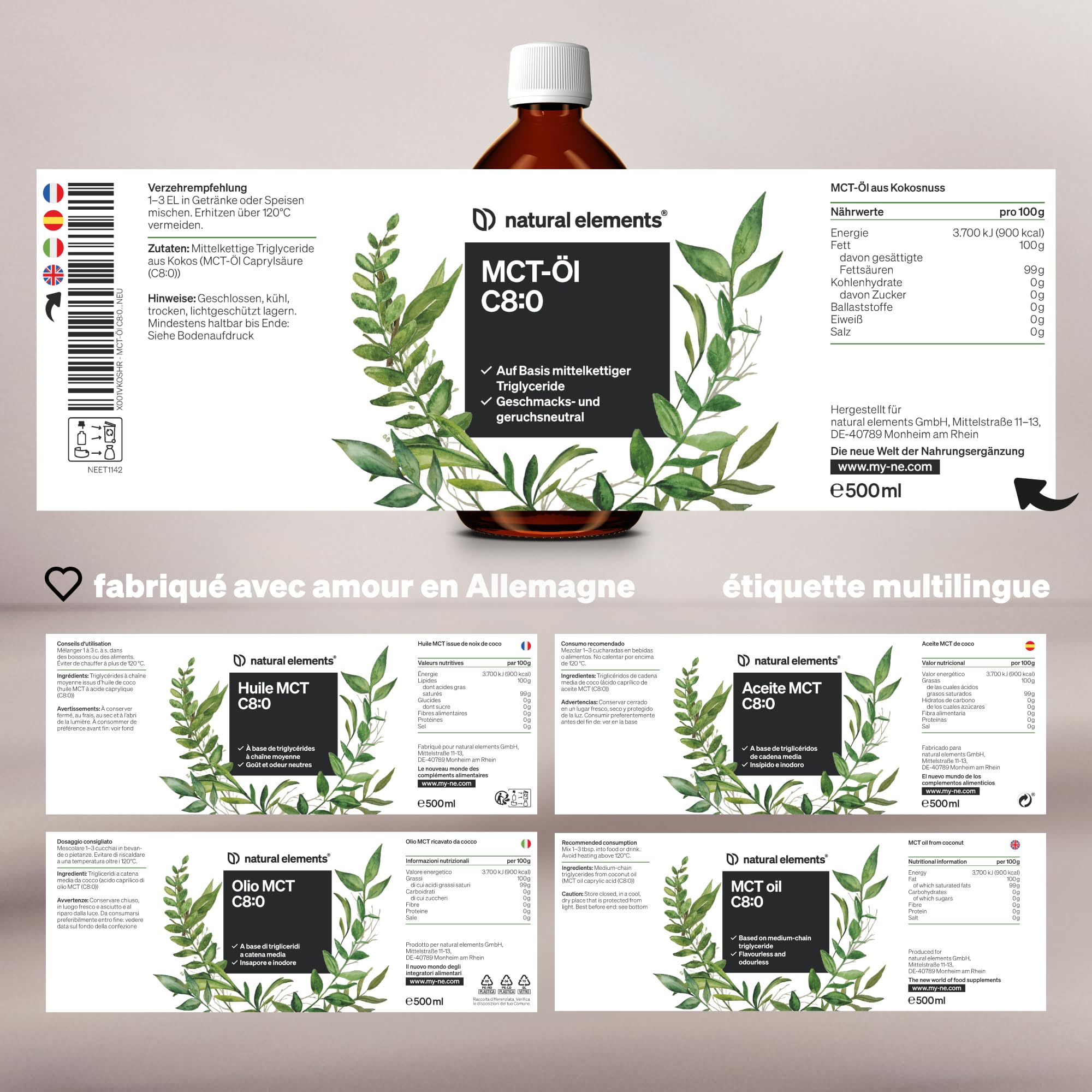 Huile MCT – 500ml – acide caprylique C8 issu d’huile de coco à 100% – goût et odeur neutres – végane, sans additifs inutiles