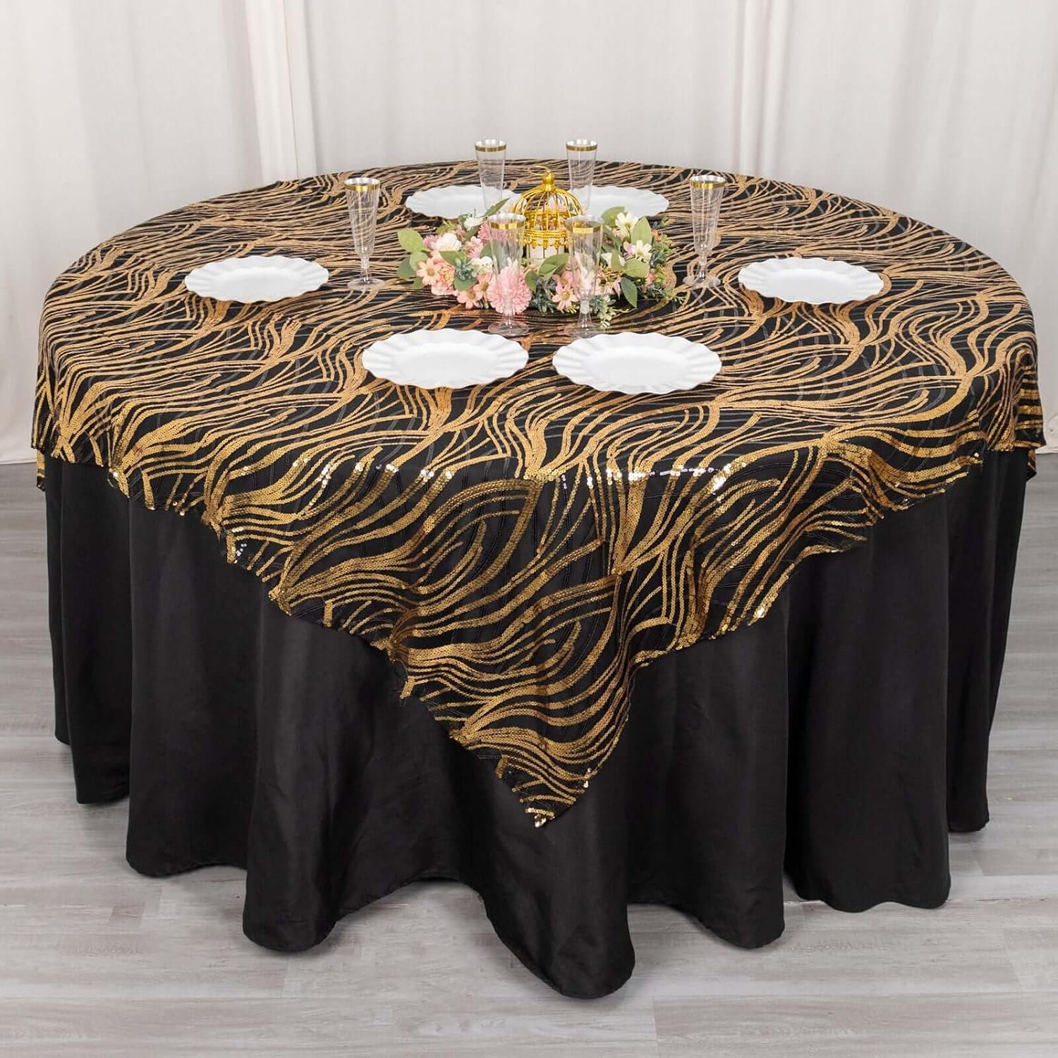 Efavormart 72"x72" Black Gold Wave Embroidered Sequin Table Overlay, Sparkly Square Table Topper