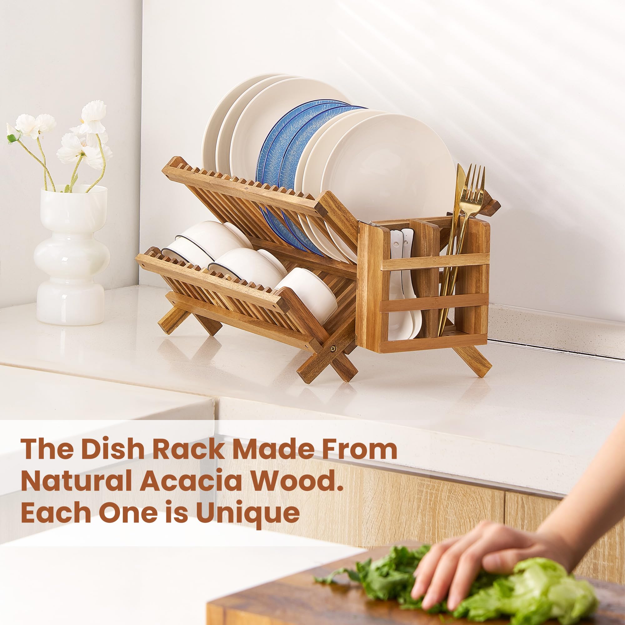 Escurridor de platos de acacia, plegable de 2 niveles con soporte para utensilios, escurridor de platos de madera grande para encimera de cocina