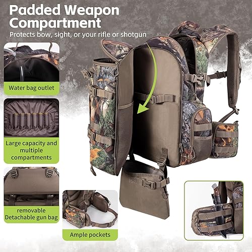Miniatura 10 de BLISSWILL Mochila de caza grande para rifle de arco con cubierta impermeable para lluvia, accesorios de equipo de caza, 40L, Super Camo-madera,