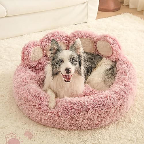 Miniatura 4 de Jiupety Cama calmante para mascotas en forma de pata, cama mediana de felpa sintética en forma de dona para perros y gatos, lavable a máquina, parte