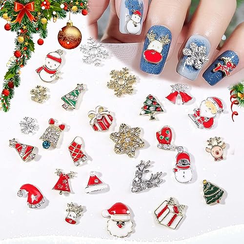 24 dijes de uñas brillantes de Navidad, diamantes de imitación de diamante, Papá Noel, reno, muñeco de nieve, copo de nieve, accesorios de uñas,