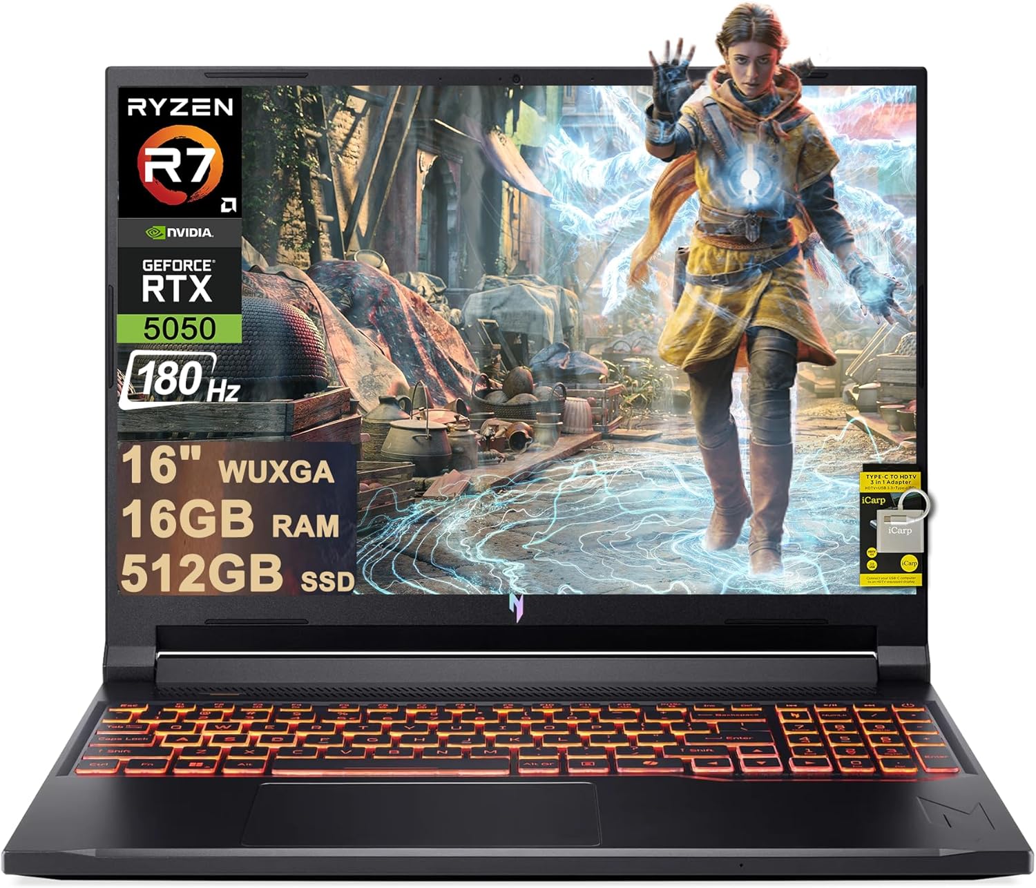 acer Nitro V 16 AI Gaming Laptop 16" WUXGA IPS 180Hz AMD 8-core Ryzen 7 260 (Beats i7-13700H) 16GB DDR5 512GB SSD GeForce RTX 5050 (Up to 421 AI Tops) Backlit Wi-Fi6E Win11 ICP Hub
