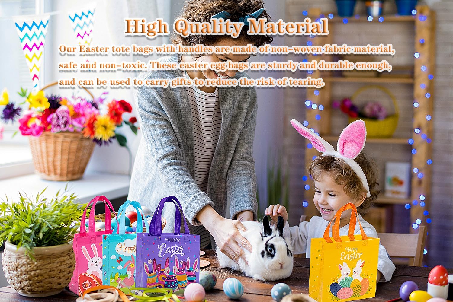 Jaywayang 4Pcs Easter Non-woven Bags with Handle, Happy Easter Gift Bags, Reusable Goodie Bags for Kids, Rabbit Bunny Treat Bags, Party Supplies. - Image 3