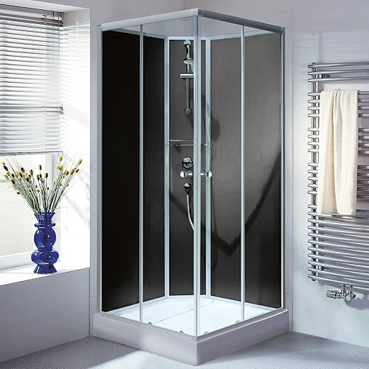 DE BESTE SCHULTE COMPLETE DOUCHECABINE 90 X 90 X 200 CM - HOEKEINSTAP MET ZWART GLAZEN ACHTERWANDEN
