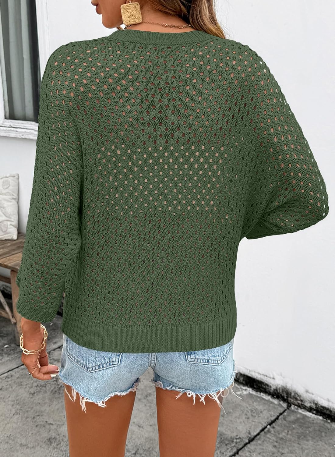 SHEWIN Womens Sweaters Crew Neck 3/4 Length Sleeve Crochet Tops Knit Beach Cover Ups Spring Outfits for Women - Image 4