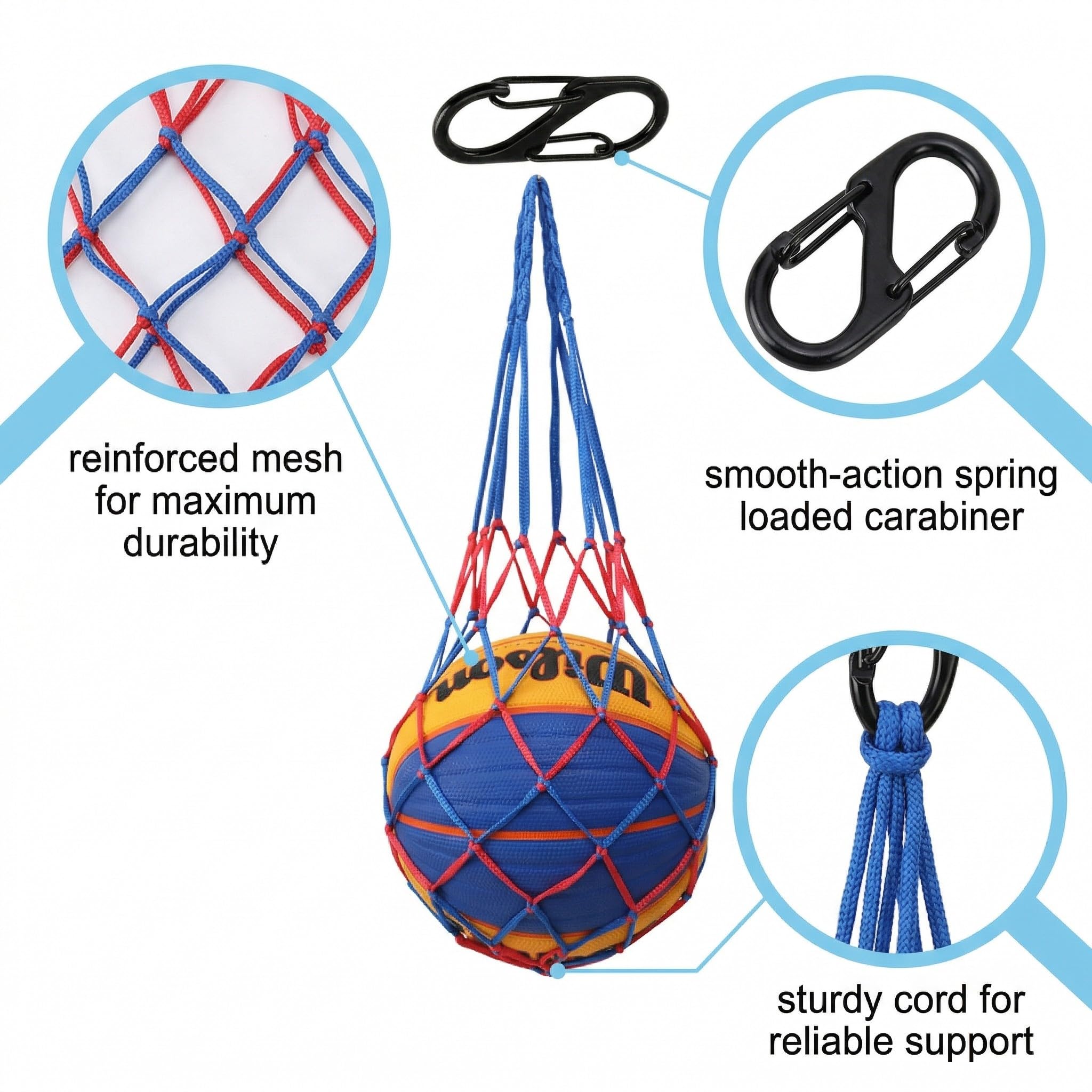 Bolsa de red con mosquetón para balones de baloncesto, fútbol o voleibol, portátil para 1 balón, negra