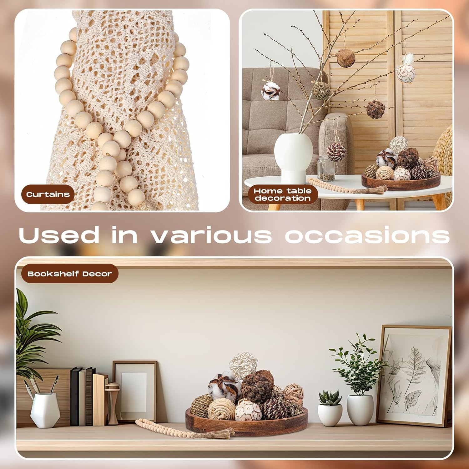 Halloscume 25 Pcs 3.15 and 1.97 Inch Decorative Balls, 20.9 Inch Garland Wood Beads Rattan Wicker Balls with Spheres Orbs Filler for Garden Table Vase Bowl Filler Centerpiece(Wood,Wicker Rattan)