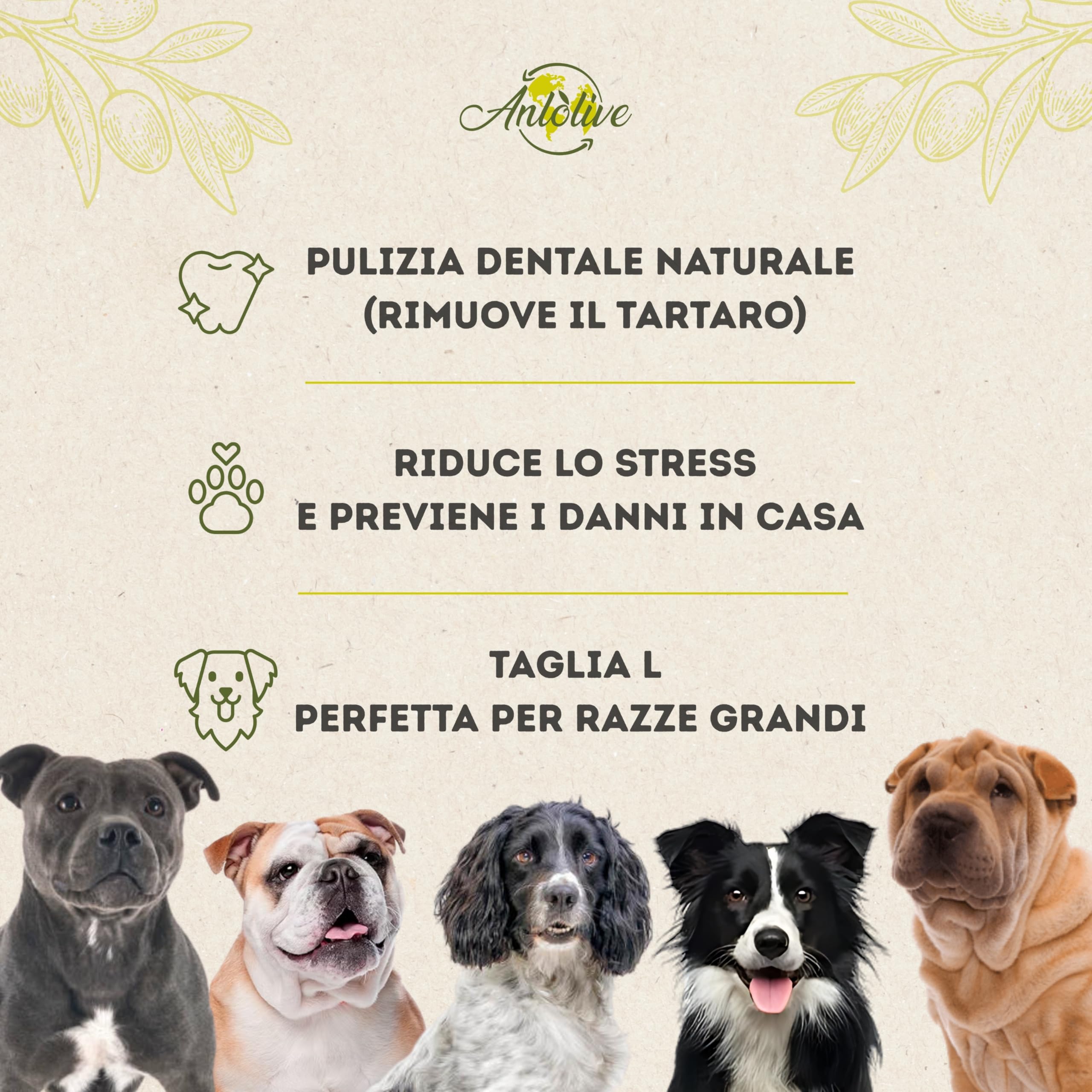 Set 2 Giochi da Masticare Naturali Taglia L 20-23 cm Legno d'Ulivo per Cani Medi e Grandi