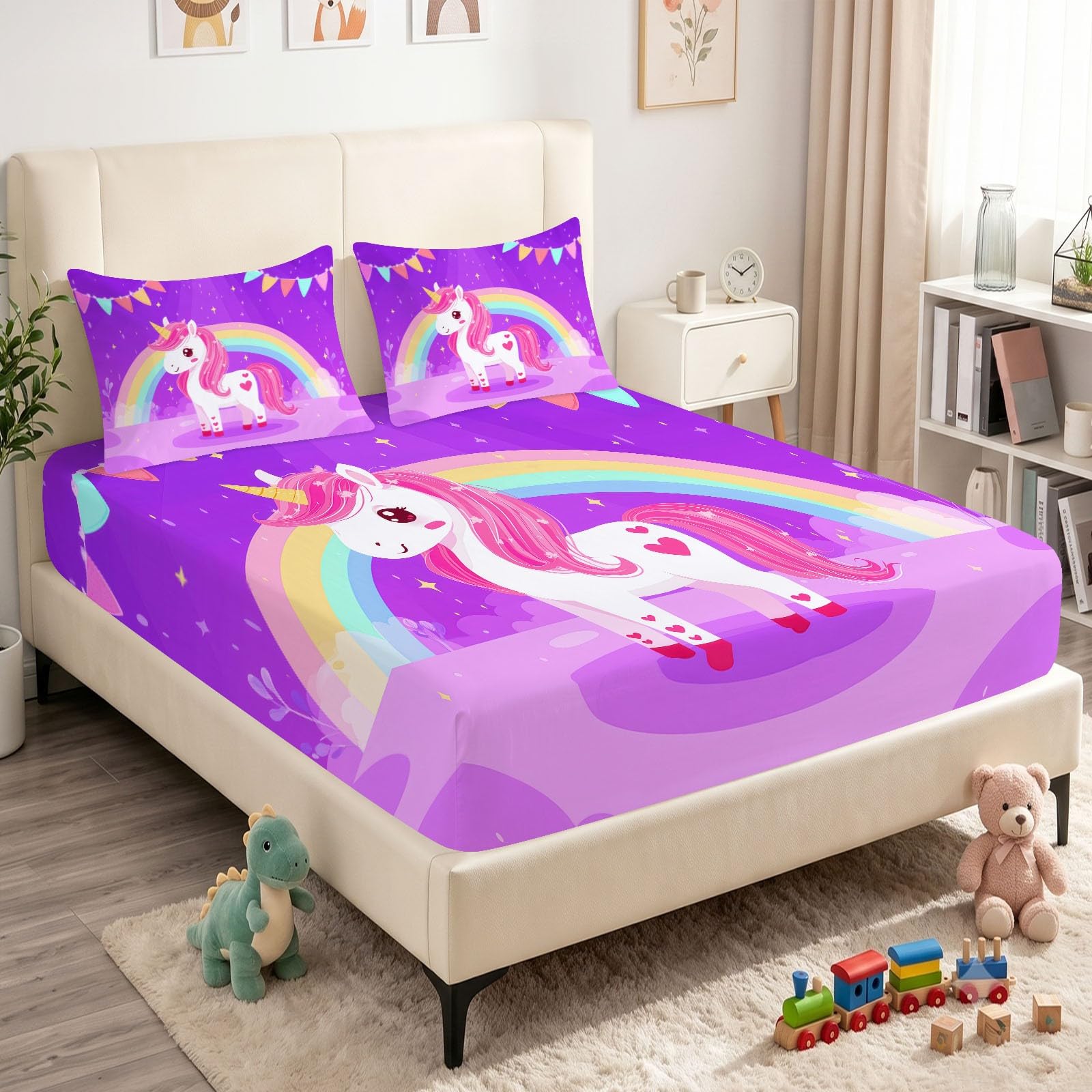 Juego de 3 sábanas bajeras ajustables de 160 x 200 cm para cama juvenil, de dibujos animados, de microfibra transpirable, sábana bajera con diseño de unicornio, arco iris y 2 fundas de almohada con