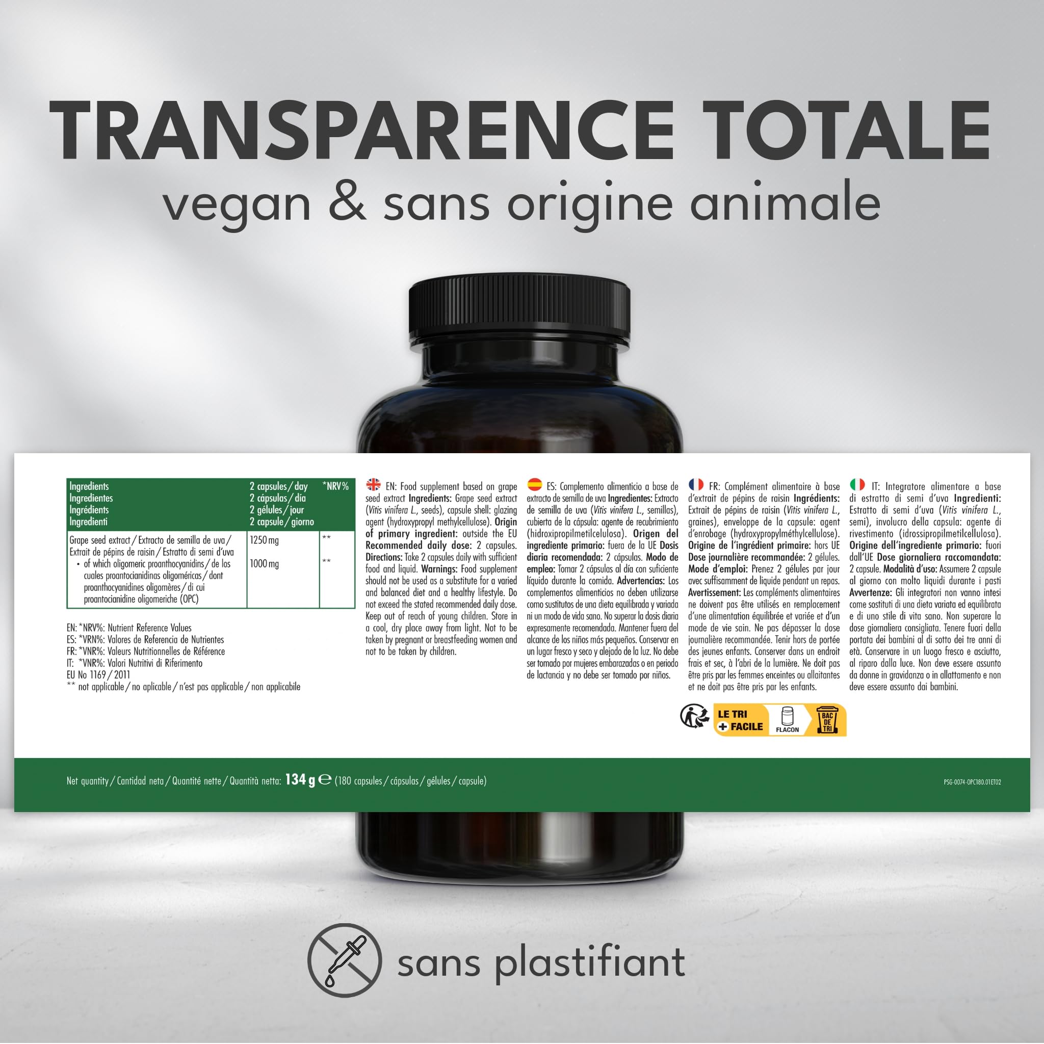 Green Naturals® OPC extrait de pépins de raisin - Hautement dosé : 1250 mg dont 1000 mg OPC – Extrait standardisé – 100% végétal – Sans additifs – Fabriqué en Autriche