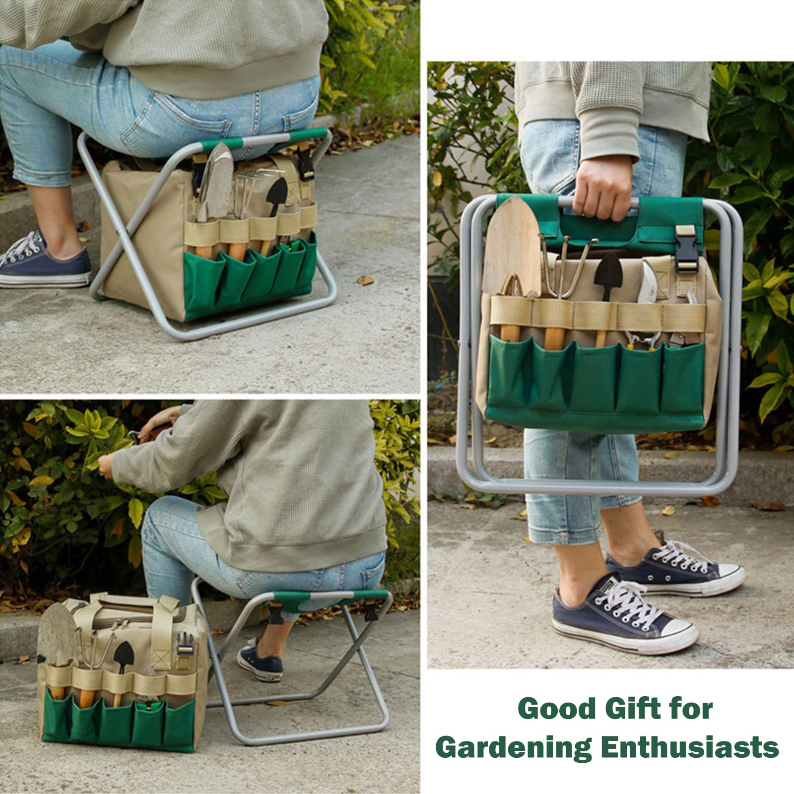 lyrlody Sgabello da Giardino 2 in 1 Pieghevole con Ampio Stoccaggio Design Compatto e Struttura Stabile per Giardinaggio e Lavori Allaperto Grigio