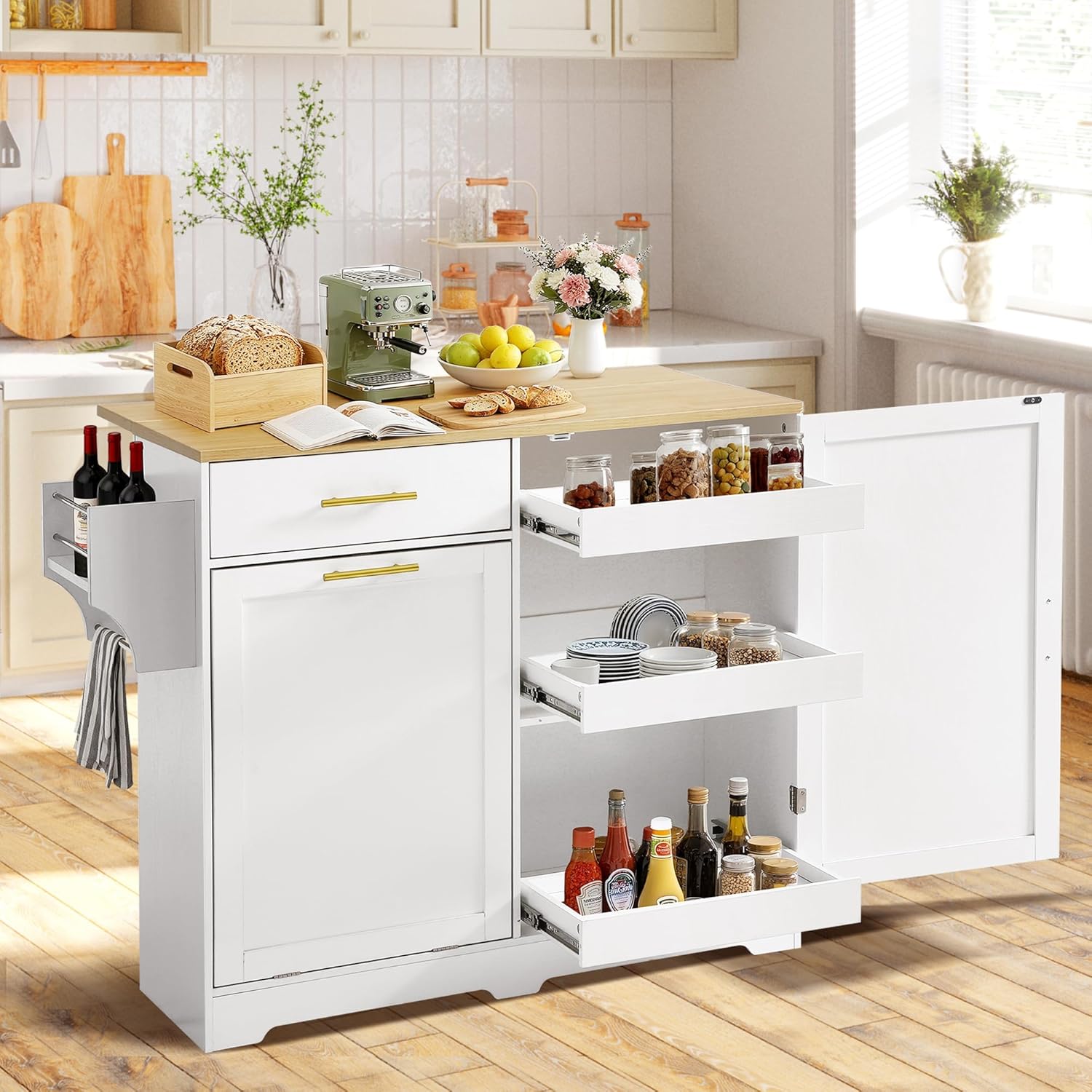 TITIMO 48" Kitchen Island with Drop Leaf and Storage Cabinet, Mobile Rolling Bar Cart with Trash Can Cabinet and Drawer, Modern Island Table for Kitchen with Spice Rack and Towel Rack (White)