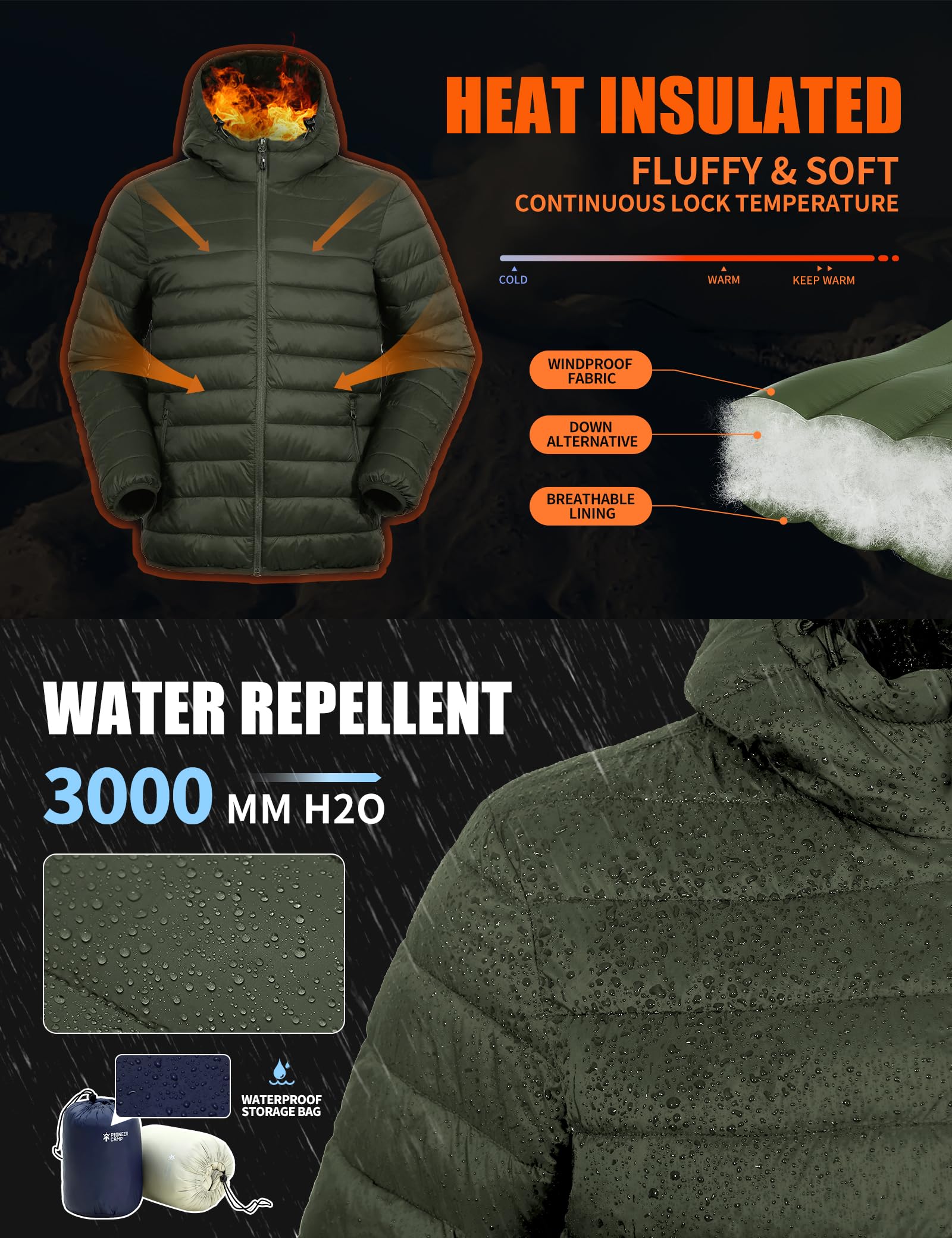 Veste matelassée légère pour homme - Veste d'hiver mi-saison - Veste d'extérieur avec capuche et 6 poches, vert, XXL