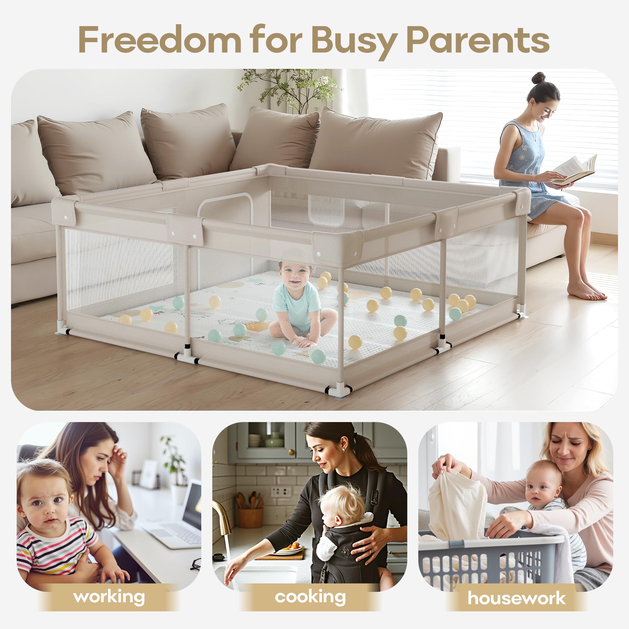 150×150×68cm Parc Bebe avec Tapis, Parc Enfant, Parc Bébé en Tissu Oxford, Parc pour Bebe xxl avec Barrières, Parc De Jeux Bébé avec Filet Respirant Sur Quatre Côtés et Ventouses