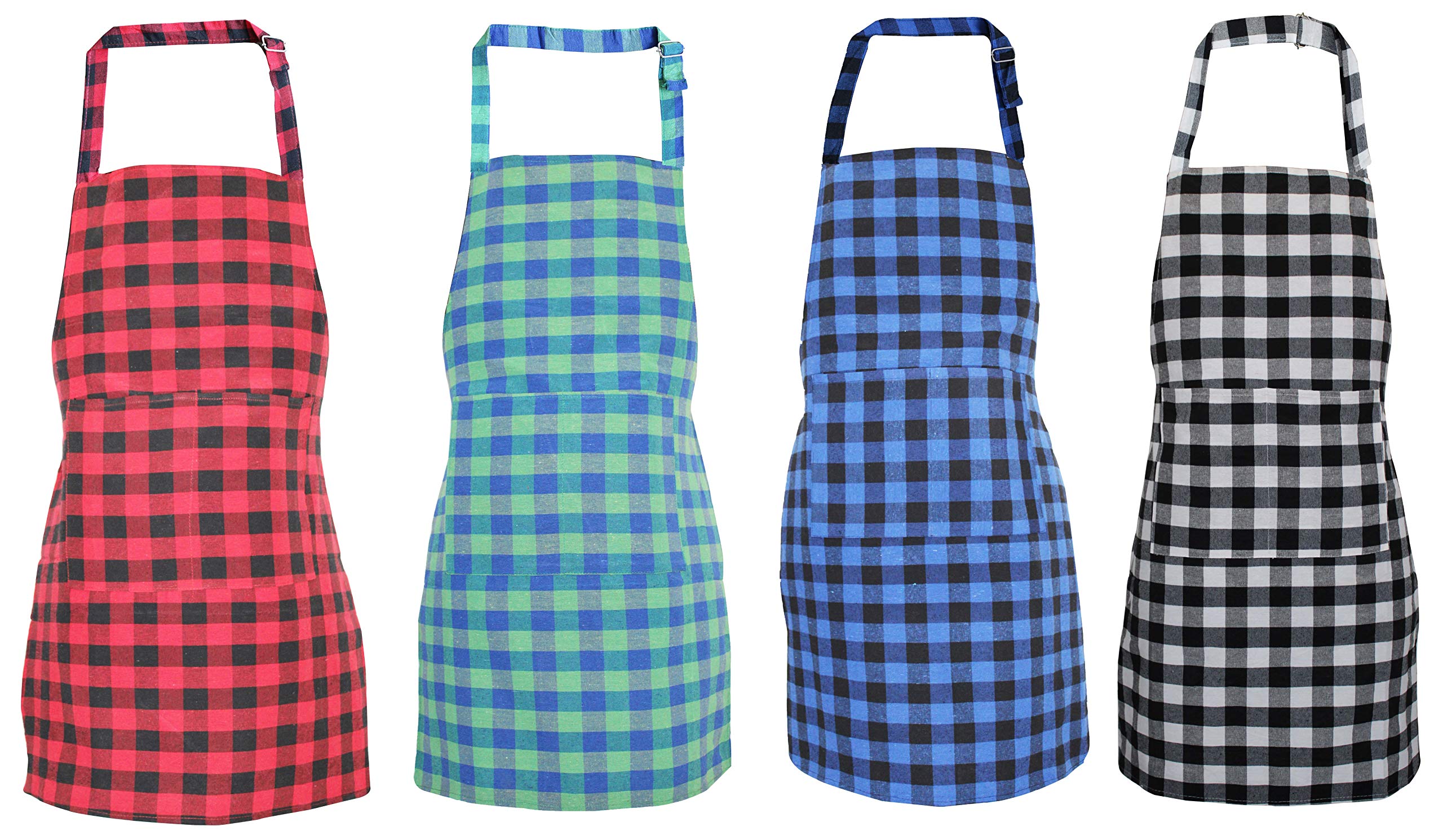 GLUN Waterproof Unisex Kitchen Apron Checkered with 2 Roomy Size Front Centre Pocket and Pack Of Pack of 4 Different Design