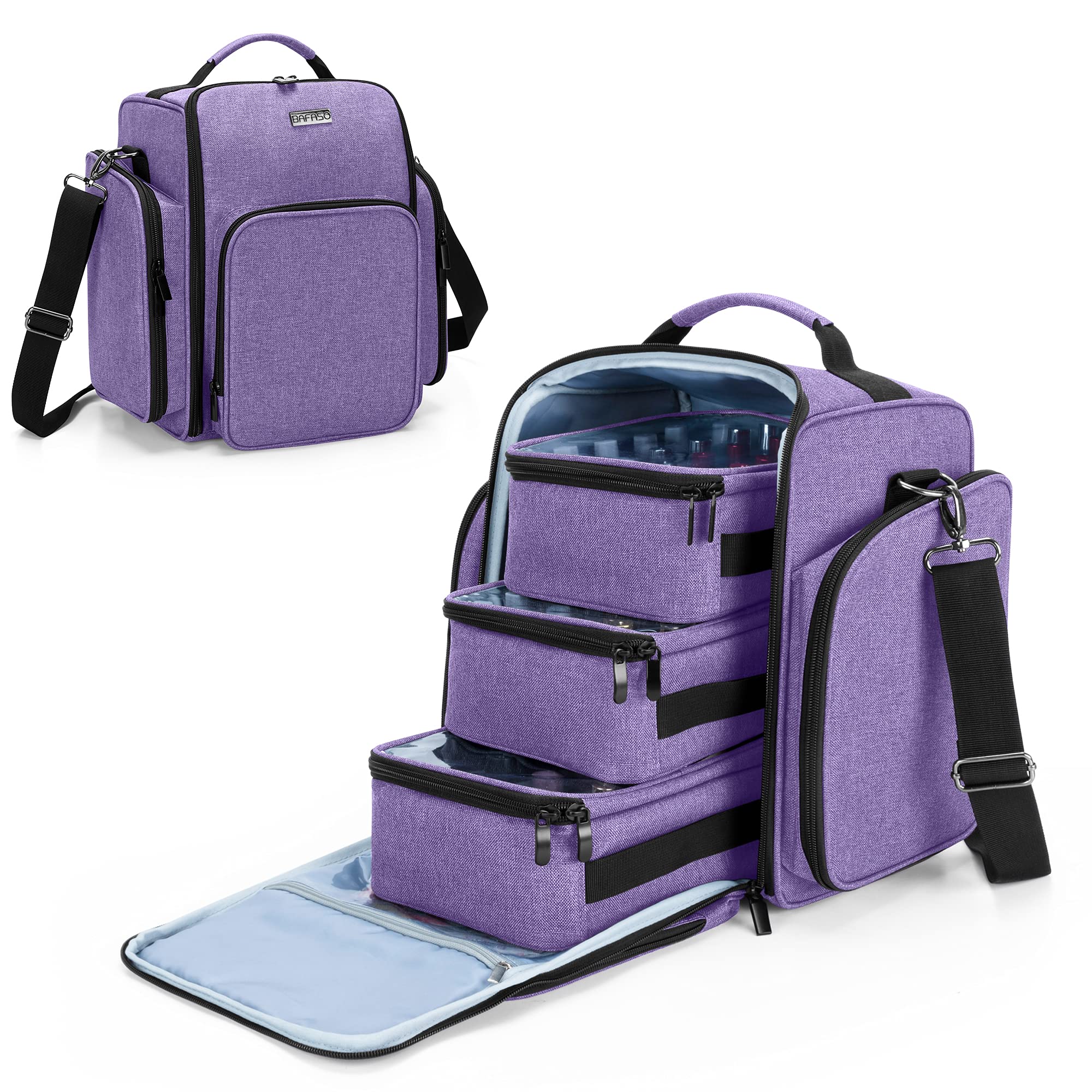 BAFASO Nail Polish Organizer Holds 72 Bottles (15ml - 0.5 fl.oz), Large Nail Polish Case with 3 Removable Pouches and Multiple Storage Sections (