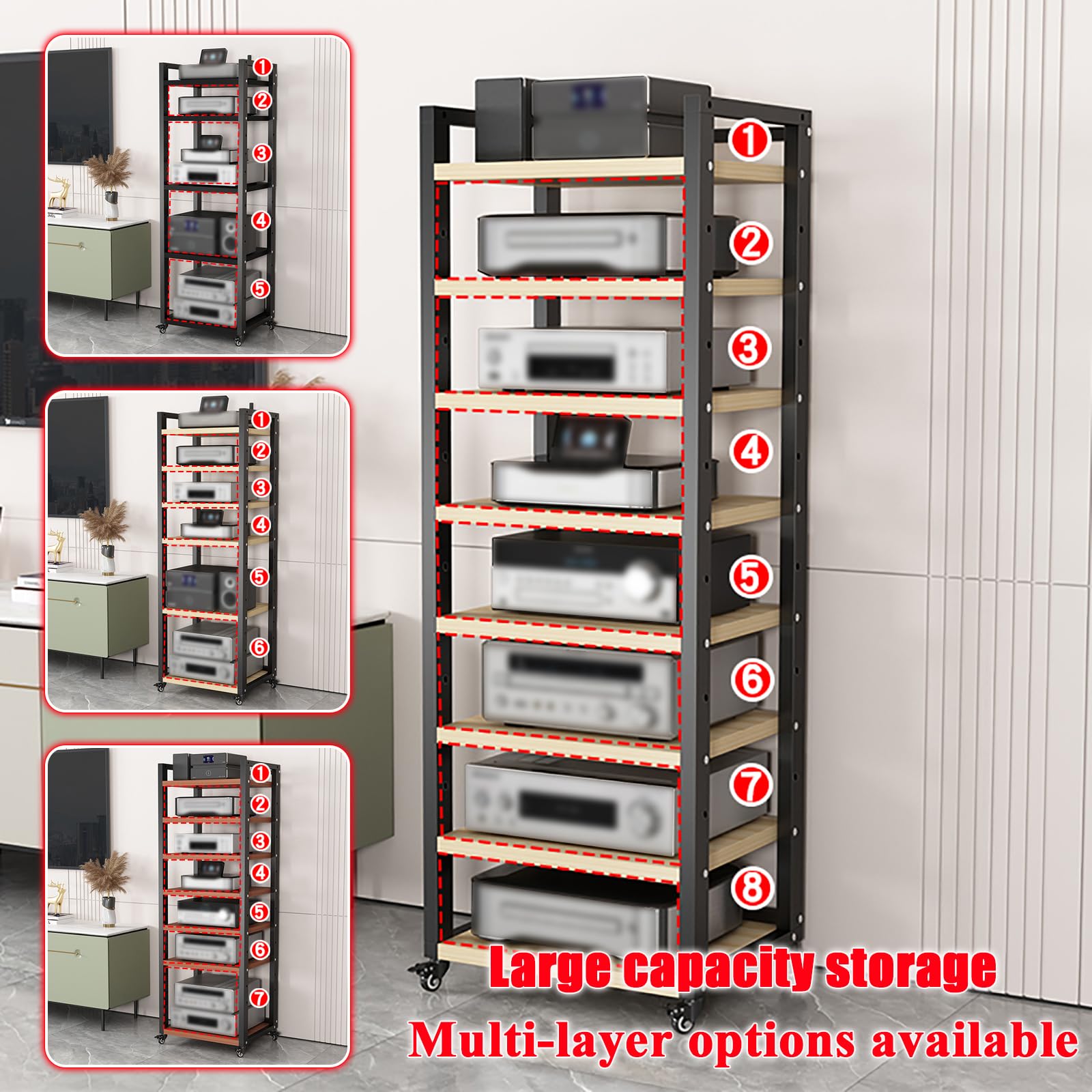 Scaffale stereo regolabile con ruote, supporto per componenti audio a 6 livelli, versatile scaffalatura per dispositivi multimediali, robusta struttura in noce per home theater, 60 x 40 x 161 cm