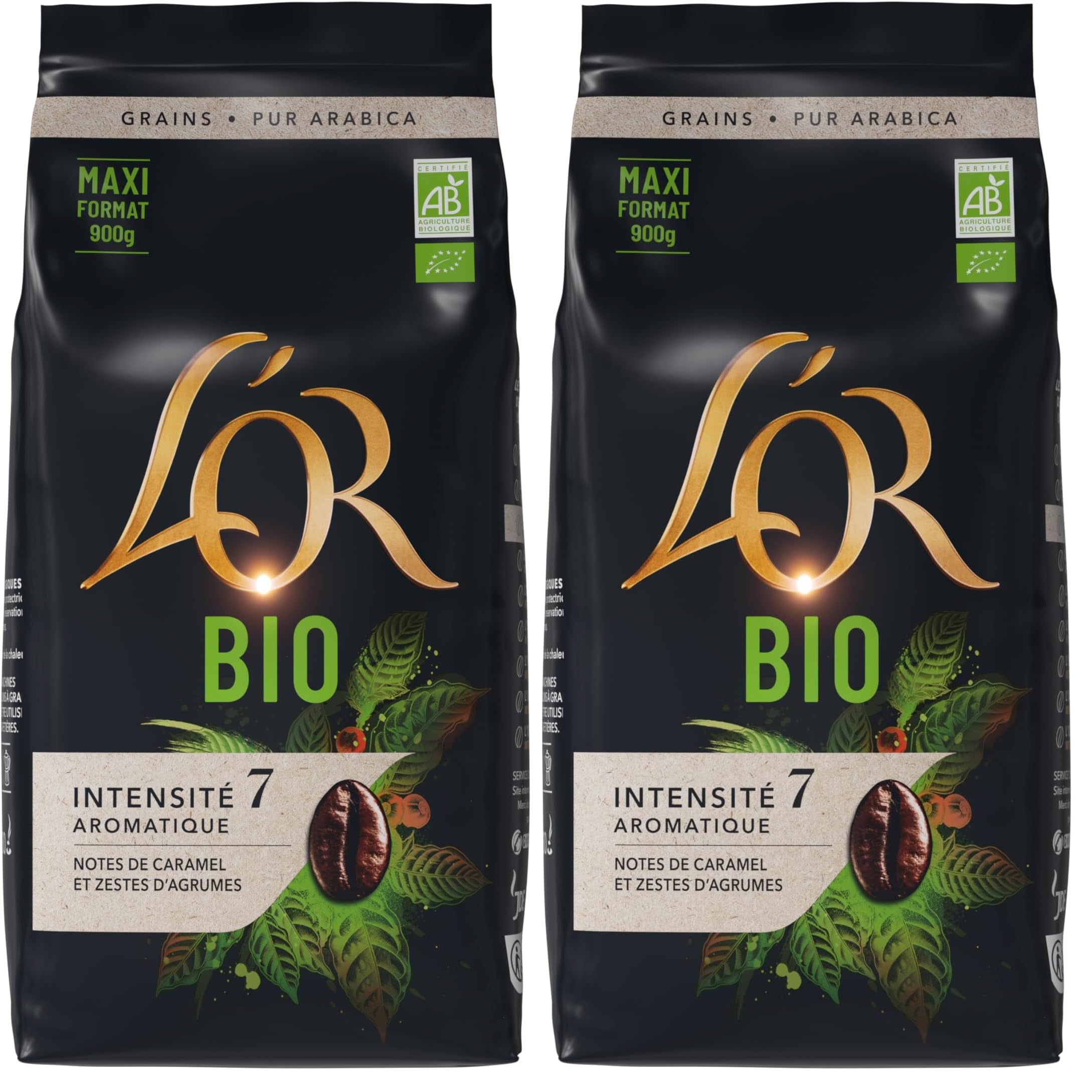 L OR BIO CAFE EN GRAINS 900G, 100% Arabica, Intensité 7 (Lot de 2)