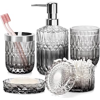 5 Piece Glass Bathroom Set Grey Bathroom Decor with Soap Dispenser Toothbrush Holder Cotton Pad Holder Tumbler Soap Dish for Vanity Bathroom