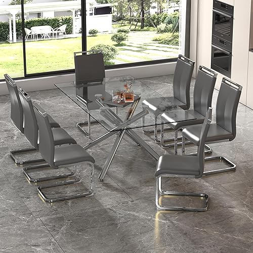 Miniatura 22 de Juego de 6 mesas de comedor de cristal, moderno juego de mesa de comedor de 71 pulgadas con 6 sillas de comedor tapizadas de piel sintética para
