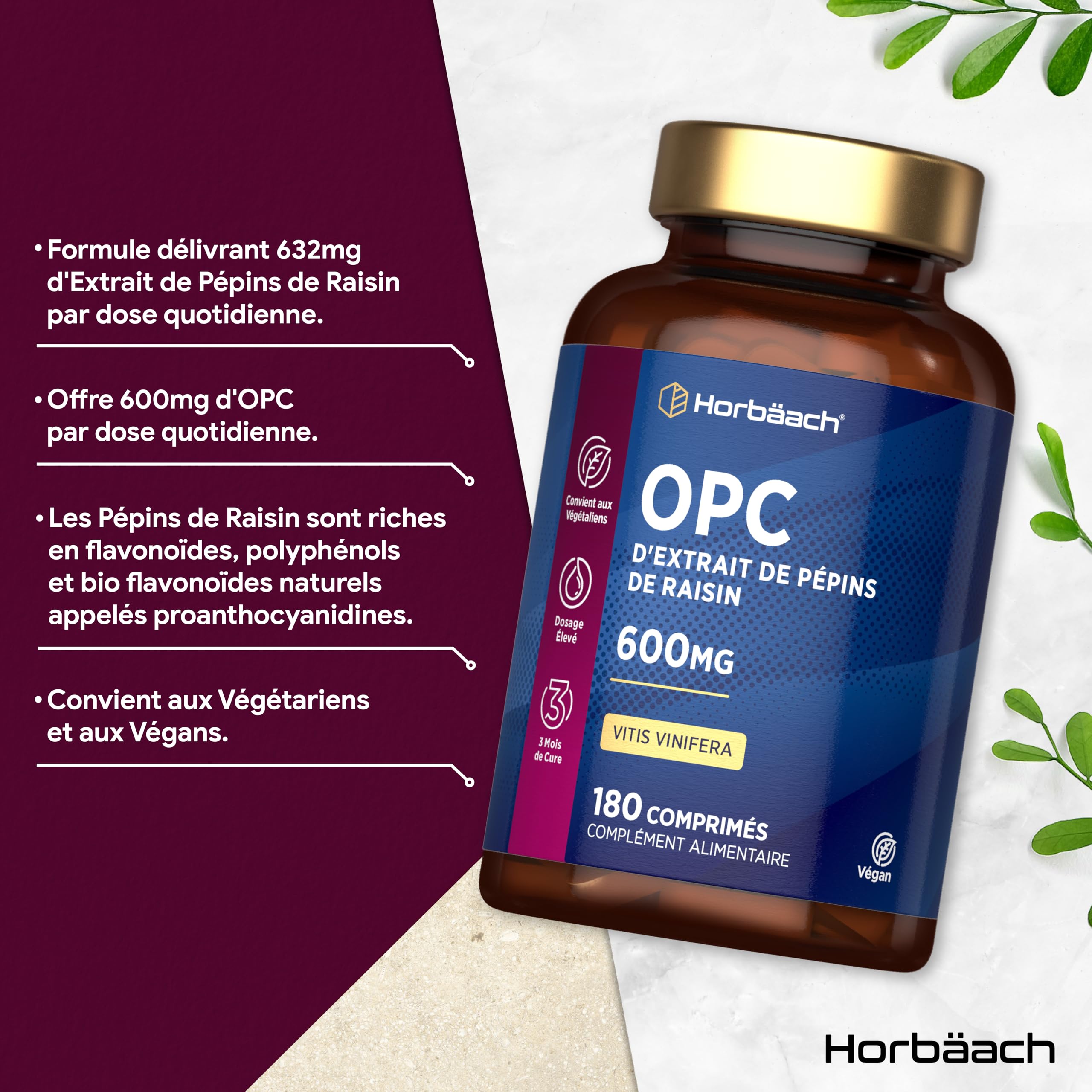 OPC Extrait de Pépins de Raisin | 180 Gélules Vegan | 95% OPC Raisin | Vitis Vinifera L. | Proanthocyanidines Oligomére Fortement Dosé | Grapeseed Extract | par Horbaach