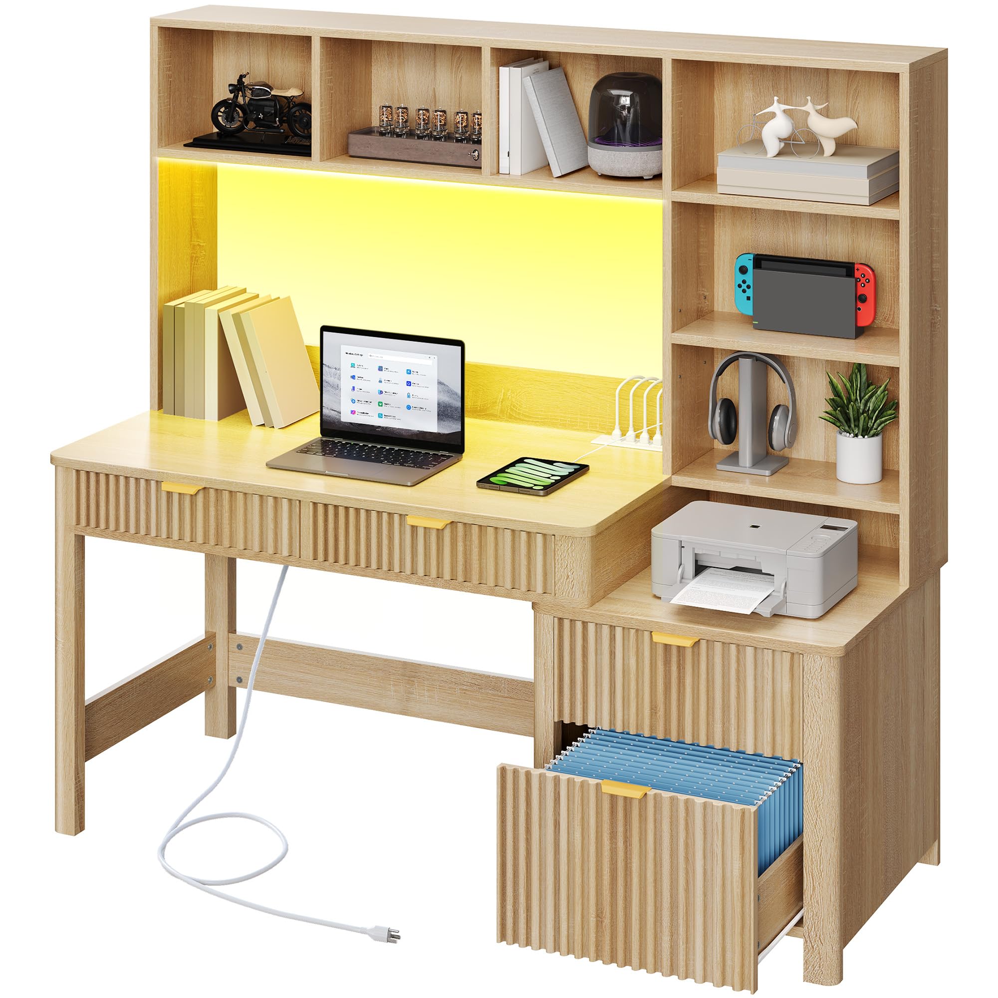 Photo 1 of ***PARTIAL SET - PRICE ADJUSTED***
YITAHOME Computer Desk with Hutch and Drawers, 55" Office Desk with Storage Shelves and Printer Stand, Gaming Desk with Power Outlets & LED Lights, Fluted Sturdy Writing Workstation, Natural Oak