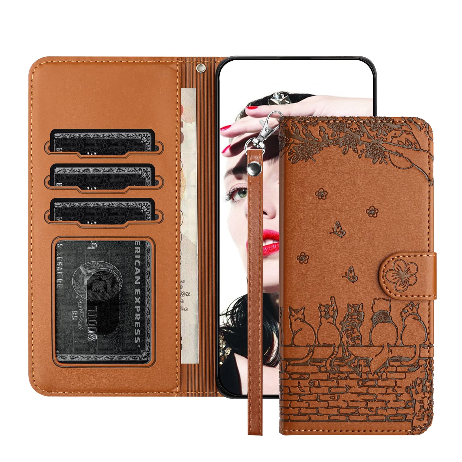 Jeffene Handyhülle für Samsung Galaxy A56 5G (6,7") Klappbar, Braun | PU Leder, TPU Innenhülle, Ständer, 3 Kartenfächer, Magnetverschluss, Katzenmotiv, Klapphülle, Stoßfest, Schlaufe