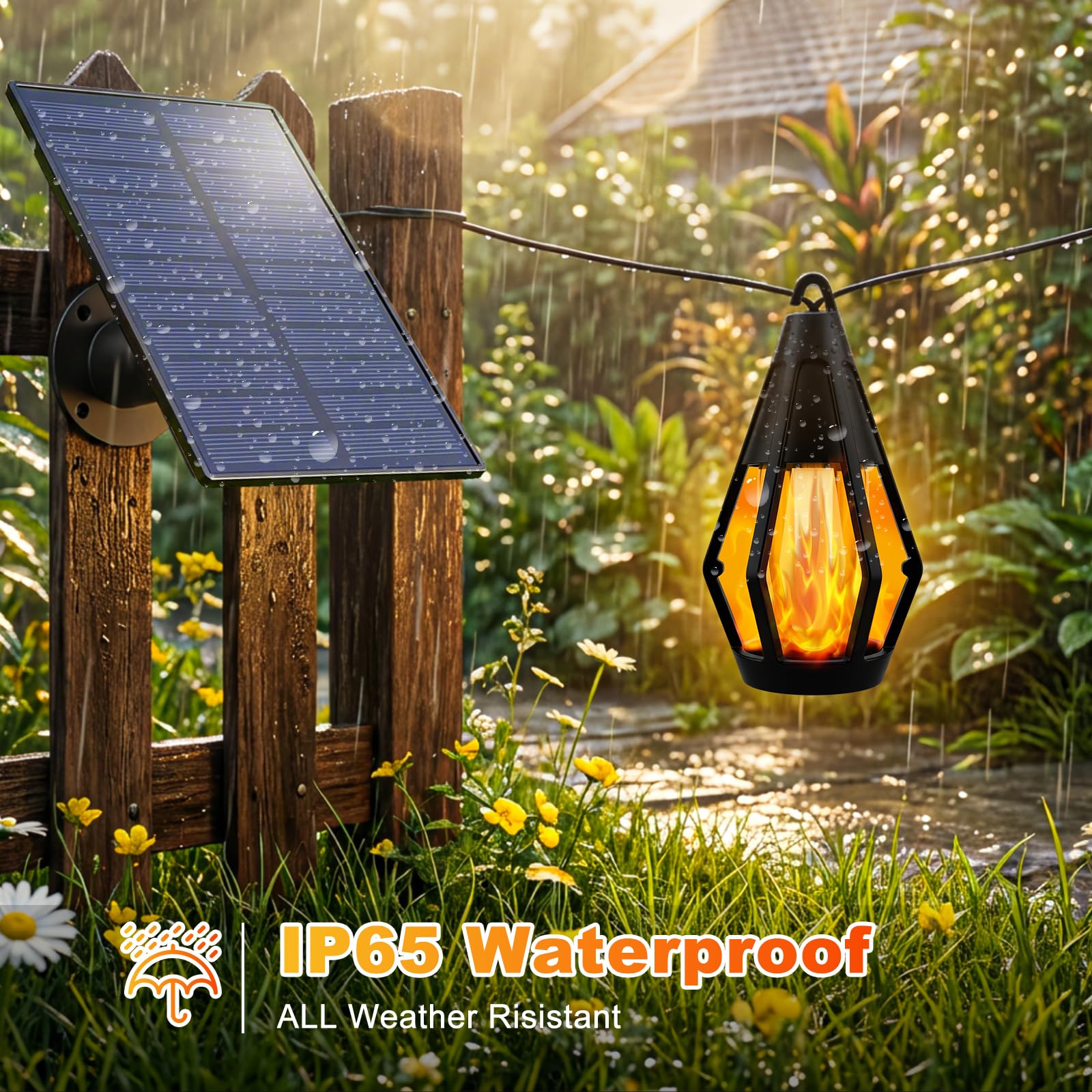 Vivideal Solar-Lichterkette für den Außenbereich, wasserdicht, 15 m, Solar-Terrassenlichter mit 15 flackernden Flammen, solarbetriebene Lichterkette für den Außenbereich, Garten, Hinterhof, Pavillon
