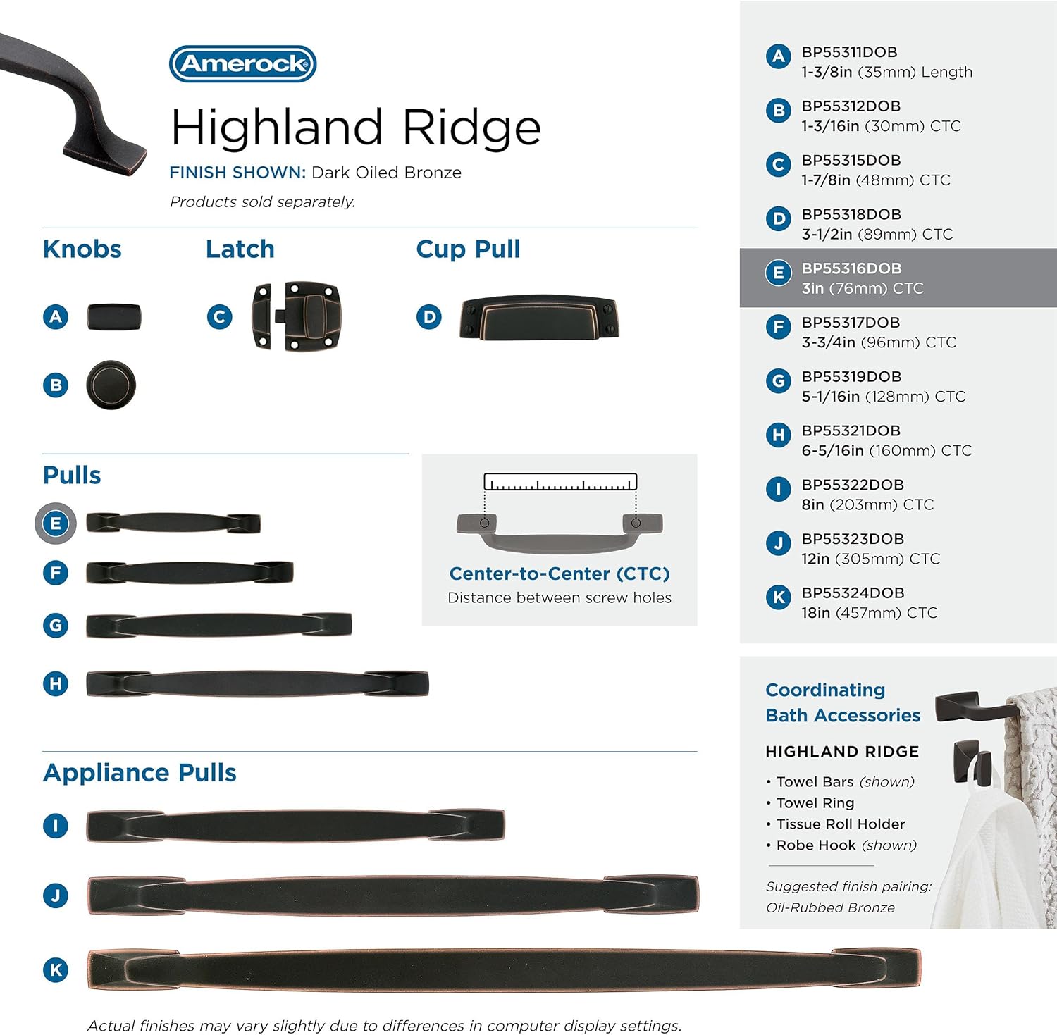 Amerock | Cabinet Pull | Dark Oiled Bronze | 3 inch (76 mm) Center to Center | Highland Ridge | 1 Pack | Drawer Pull | Drawer Handle | Cabinet Hardware