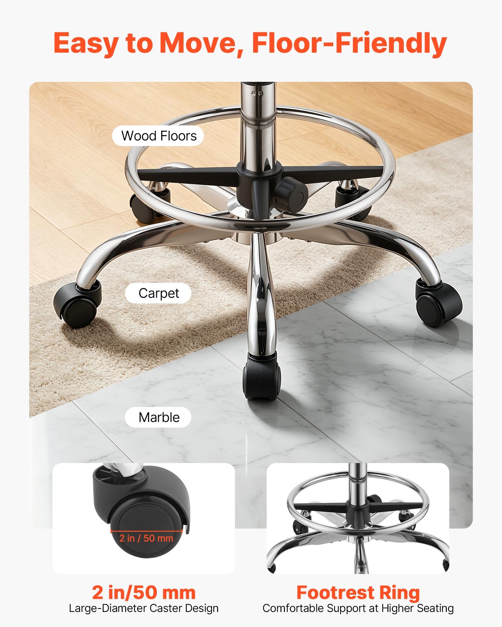 VEVOR Taburete Giratorio de Trabajo, Taburete con Ruedas y Reposapiés, Capacidad de Carga de 226,8 kg, Altura Ajustable, Asiento Ergonómico Acolchado y Tapizado, para Oficina Clínica Peluquería, Negro