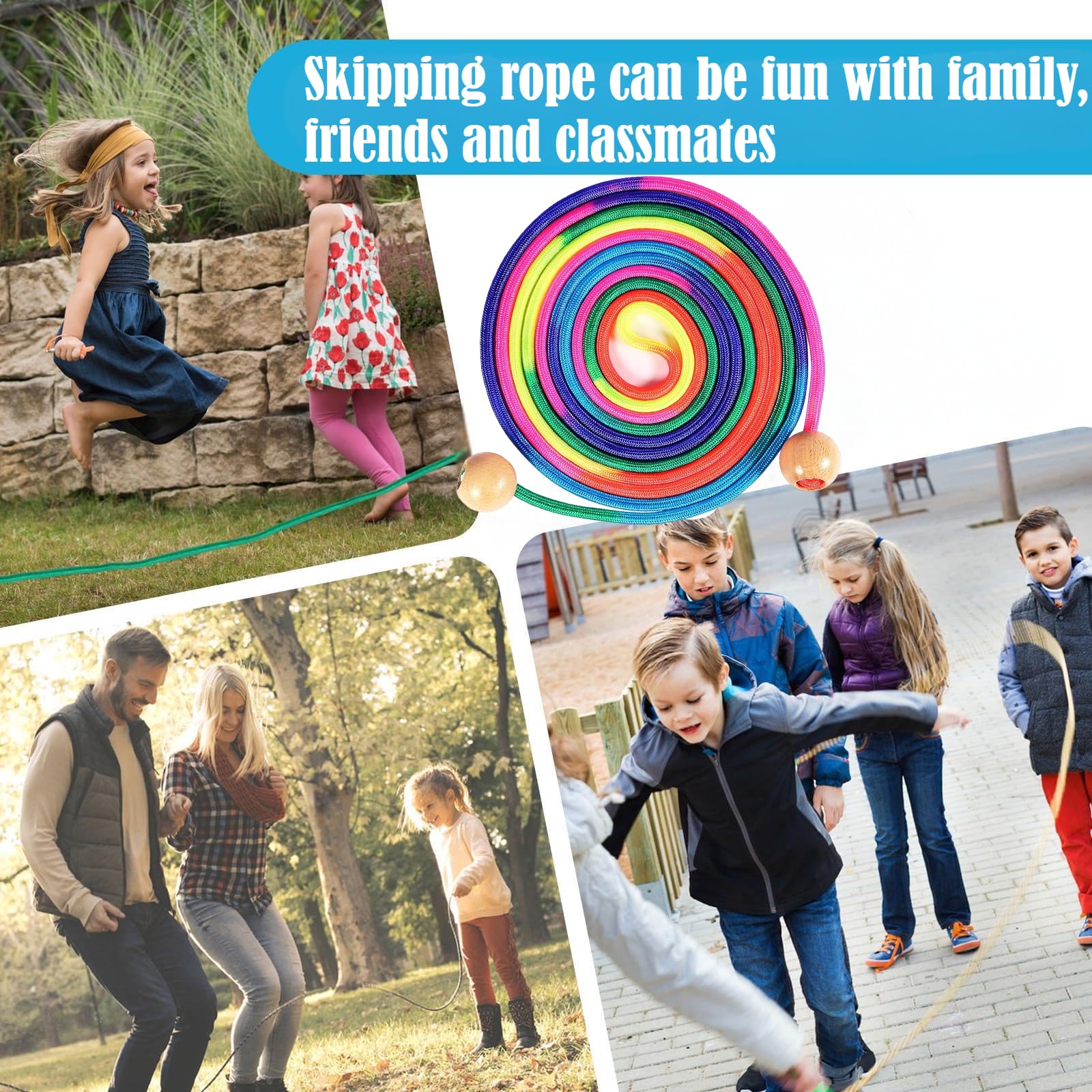 Corde à Sauter Multijoueurs 5m Arc-en-ciel Poignées Bois