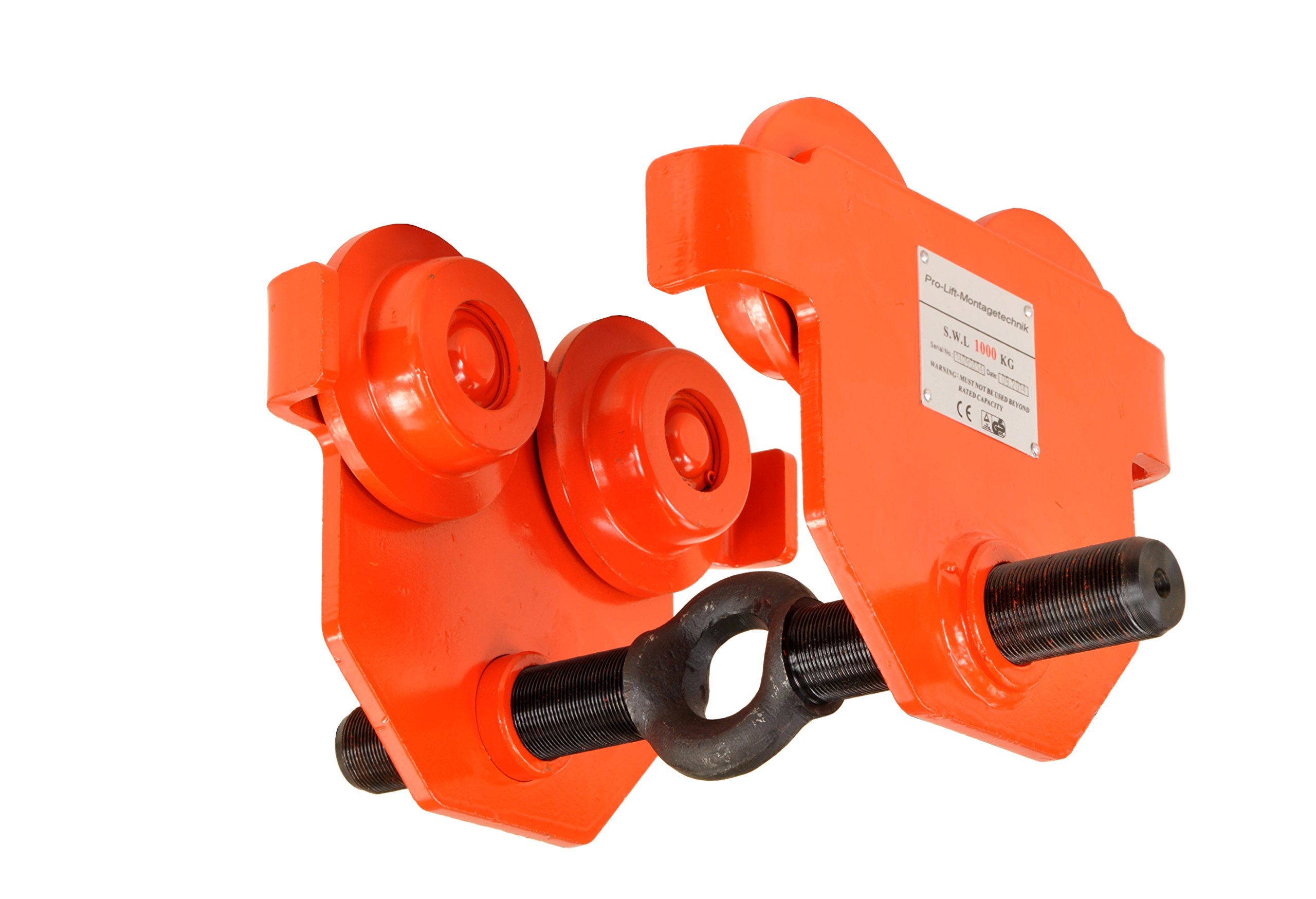 Laufkatze 1000 kg Rollfahrwerk Öse in Gewindestange integriert Handfahrwerk Unterflansch 58 mm – 220 mm Flanschbreite Hallenkran Kettenzug 1 t Plain Trolley
