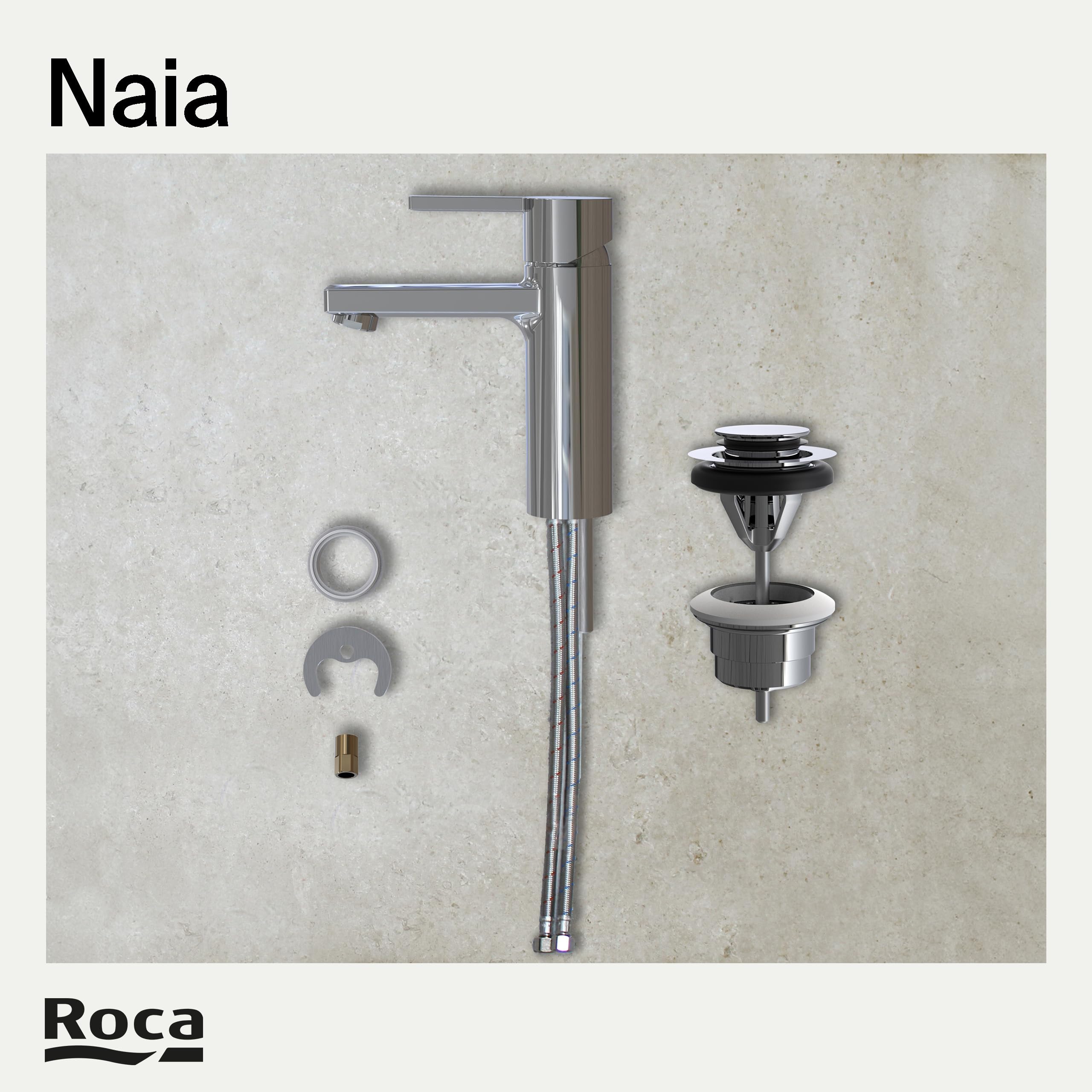 Roca Naia Grifería de lavabo con tecnología ColdStart, grifo monomando con enlaces de alimentación flexibles, mezclador de cuarto de baño con desagüe click-clack, fácil instalación, cromado A5A3296C00