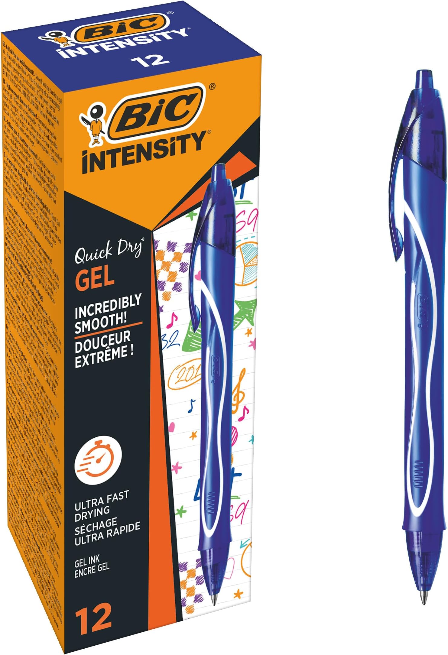 BIC Gel-ocity Quick Dry, Ultra Fast Drying Refillable Gel Ink Pens with Full Grip Barrel, in Blue, Pack of 12