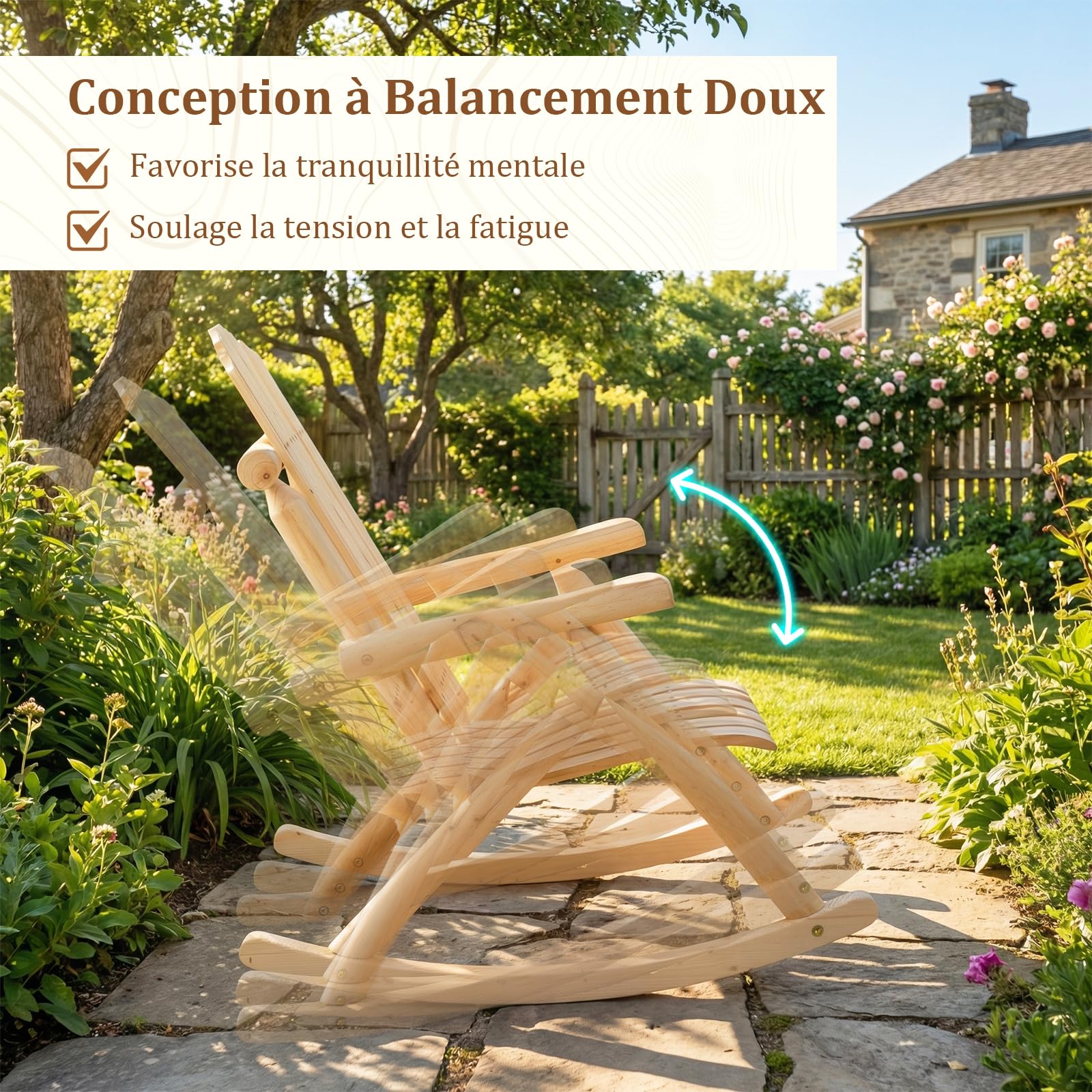 COSTWAY Fauteuil à Bascule Adirondack Exterieur Interieur, Rocking Chair en Bois Massif, Siège Incurvé, Haut Dossier Éventail, Chaise pour Jardin Terrasse Balcon, Charge 150 kg, 99 x 68 x 99 cm