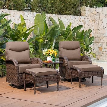 Belord Upgraded 6 Cushion Luxury 5 Pieces Patio Furniture Set - All Weather Wicker Outdoor Swivel Rocker Patio Chairs of 2 with Ottomans, High Back Glider Chairs Set for Deck Porch - Brown/Grey
