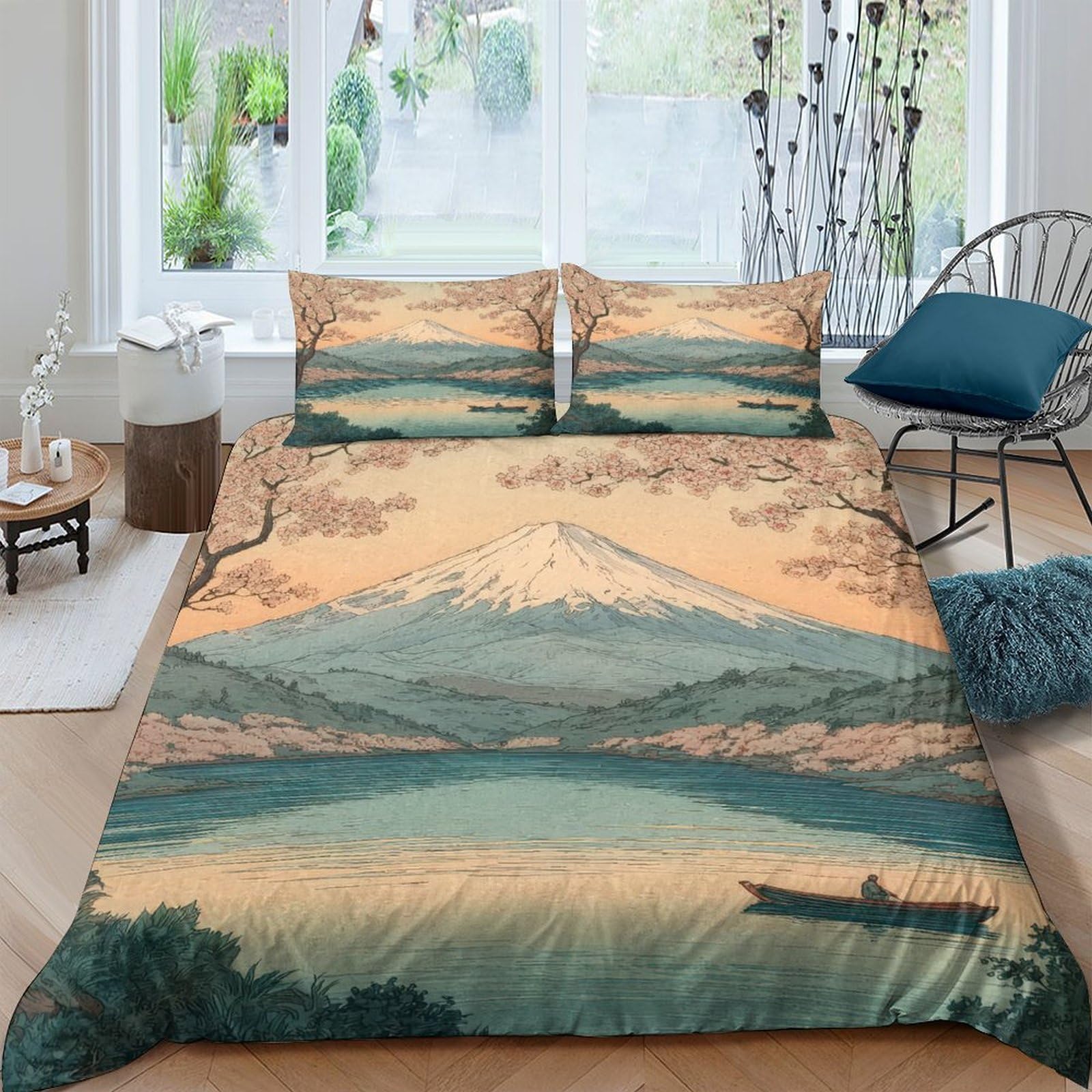 GPLZQXKJNH 3D Printed Lake Mountain Duvet Cover Microfiber Soft Breathable Boat Landscape Bedding Set with 2 Pillowcases for Bedroom Decor Single（135x200cm）