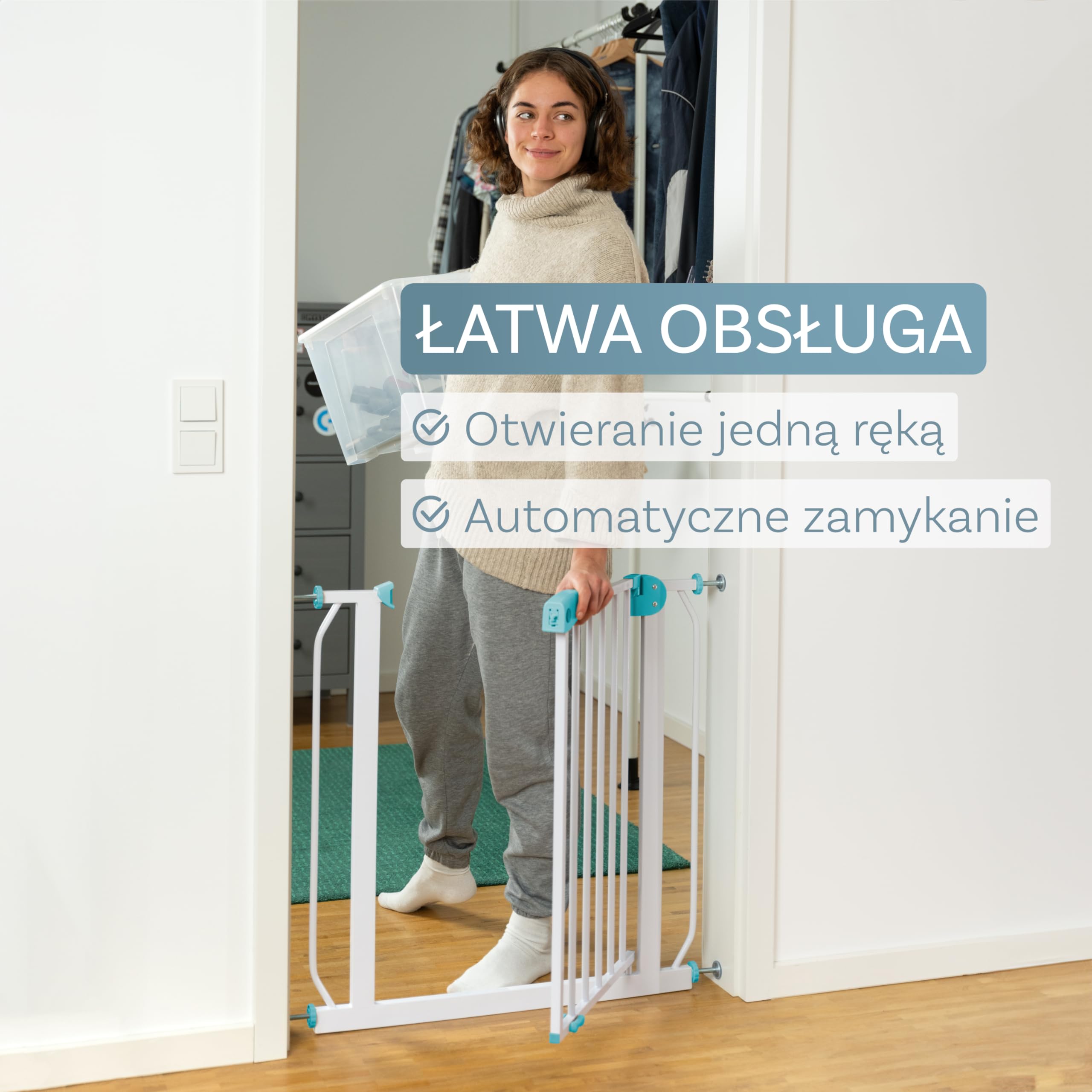 ib style Berrin 67-175 bramka ochronna na drzwi - bramka na schody dla dzieci, samozamykająca się, nie wymaga wiercenia, bezpieczna dla dzieci, 75-85 cm, biało-turkusowy