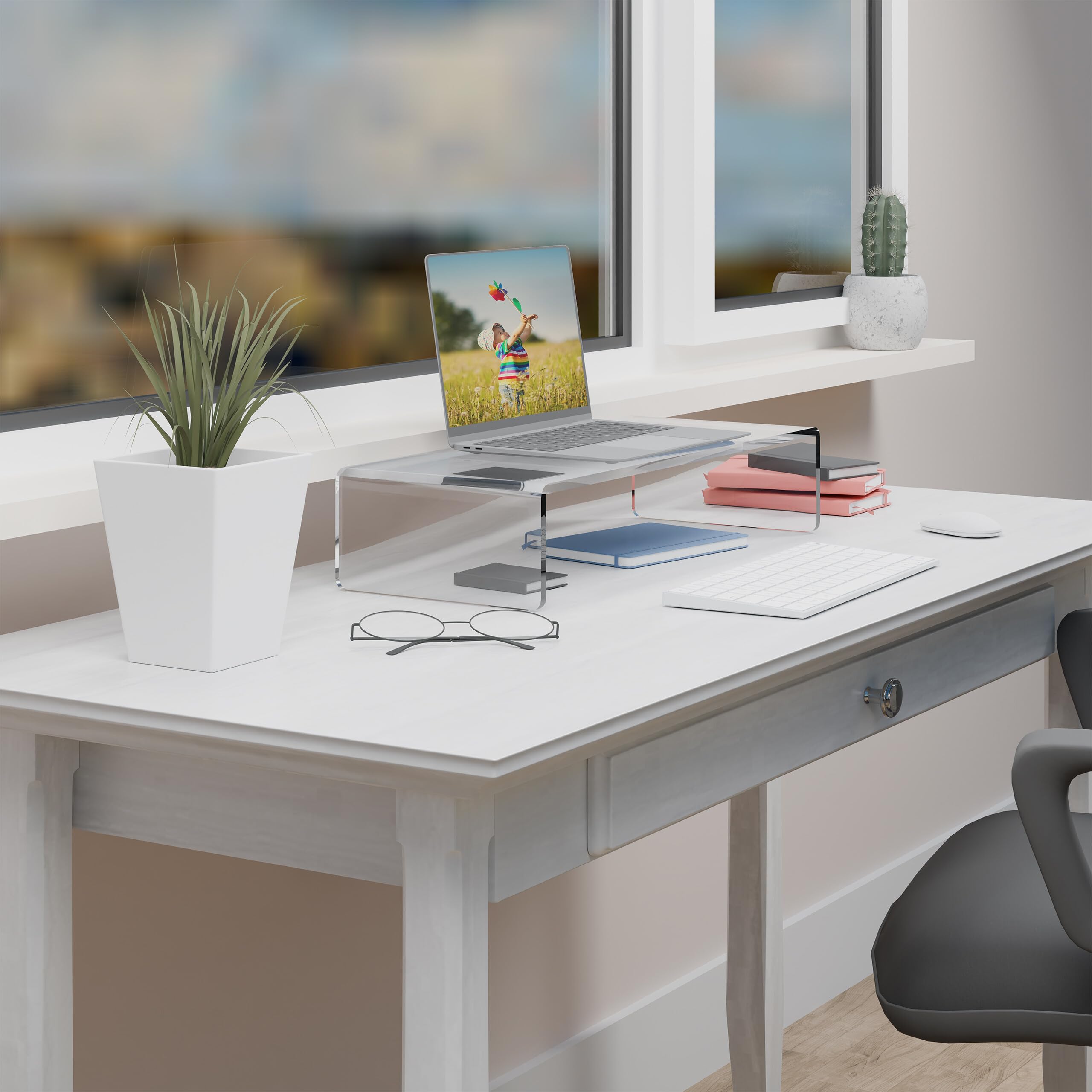 Relaxdays Supporto per Monitor da Scrivania, Ergonomico, HLP: 10 x 50 x 20 cm, Alzatina per Schermo del PC, Trasparente